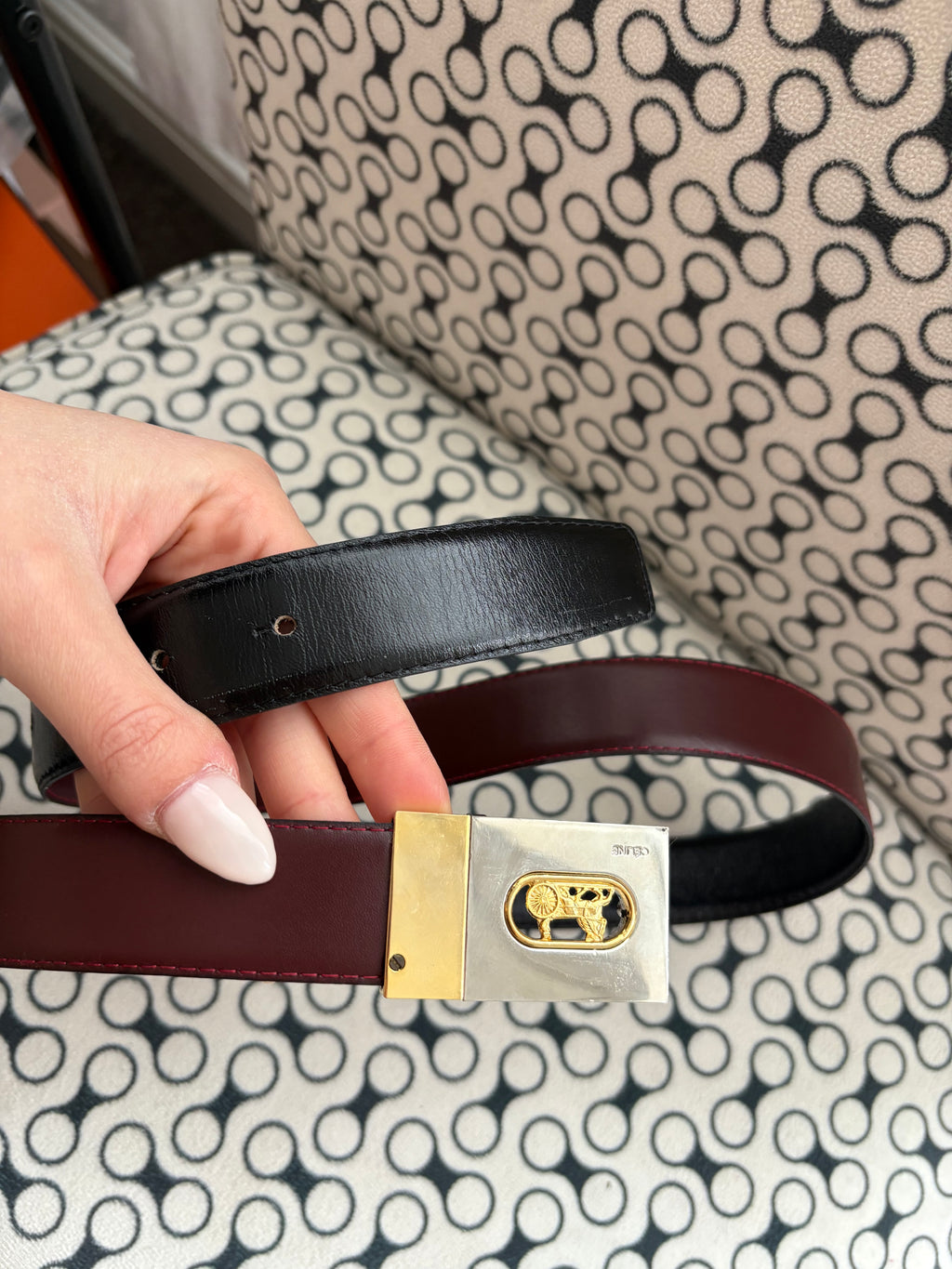 Celine Sulky Reversible two tone horse buckle belt 35 inch