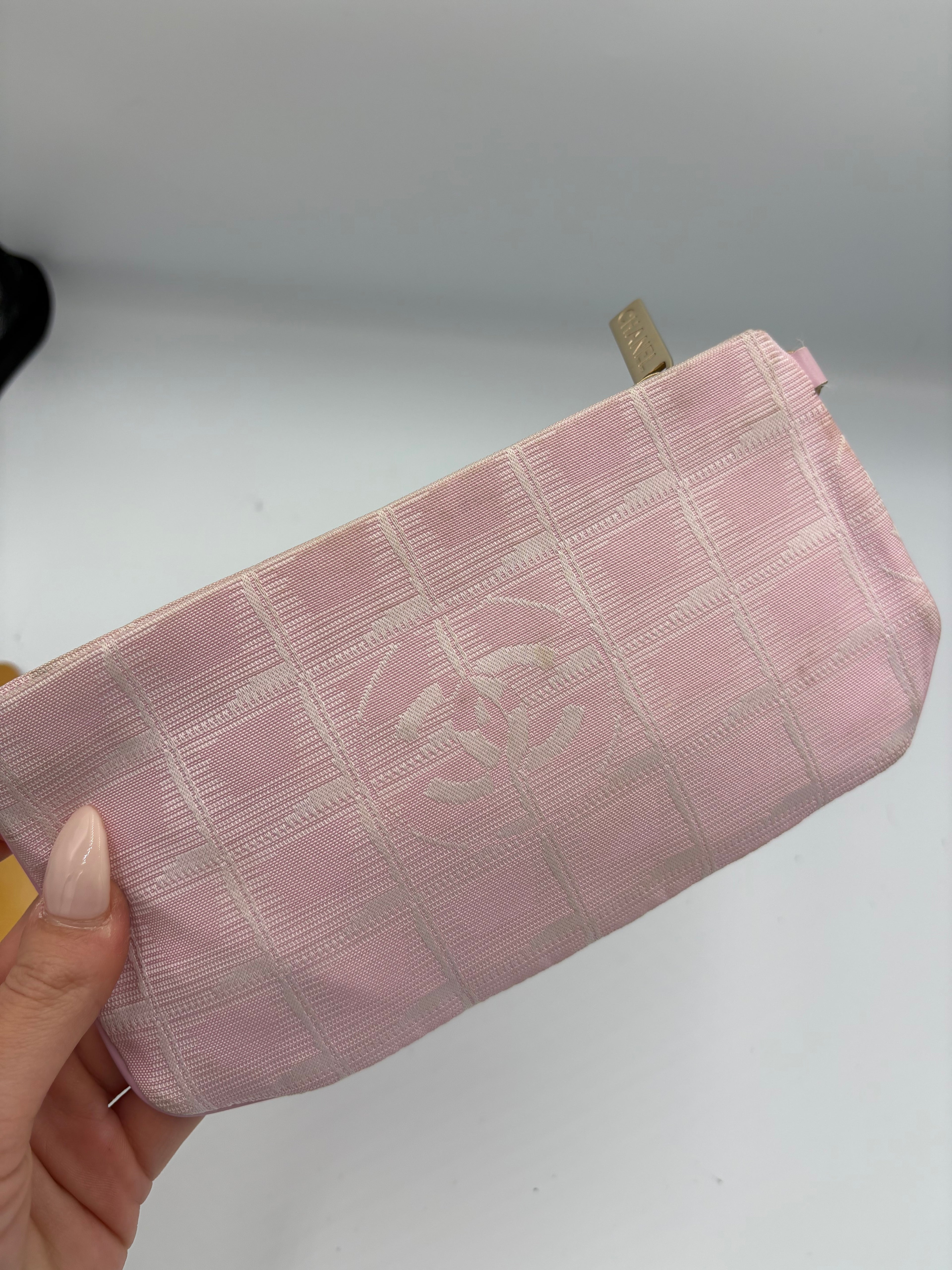 2000s CHANEL pink Jacquard Travel line canvas pouch/ clutch mini bag
