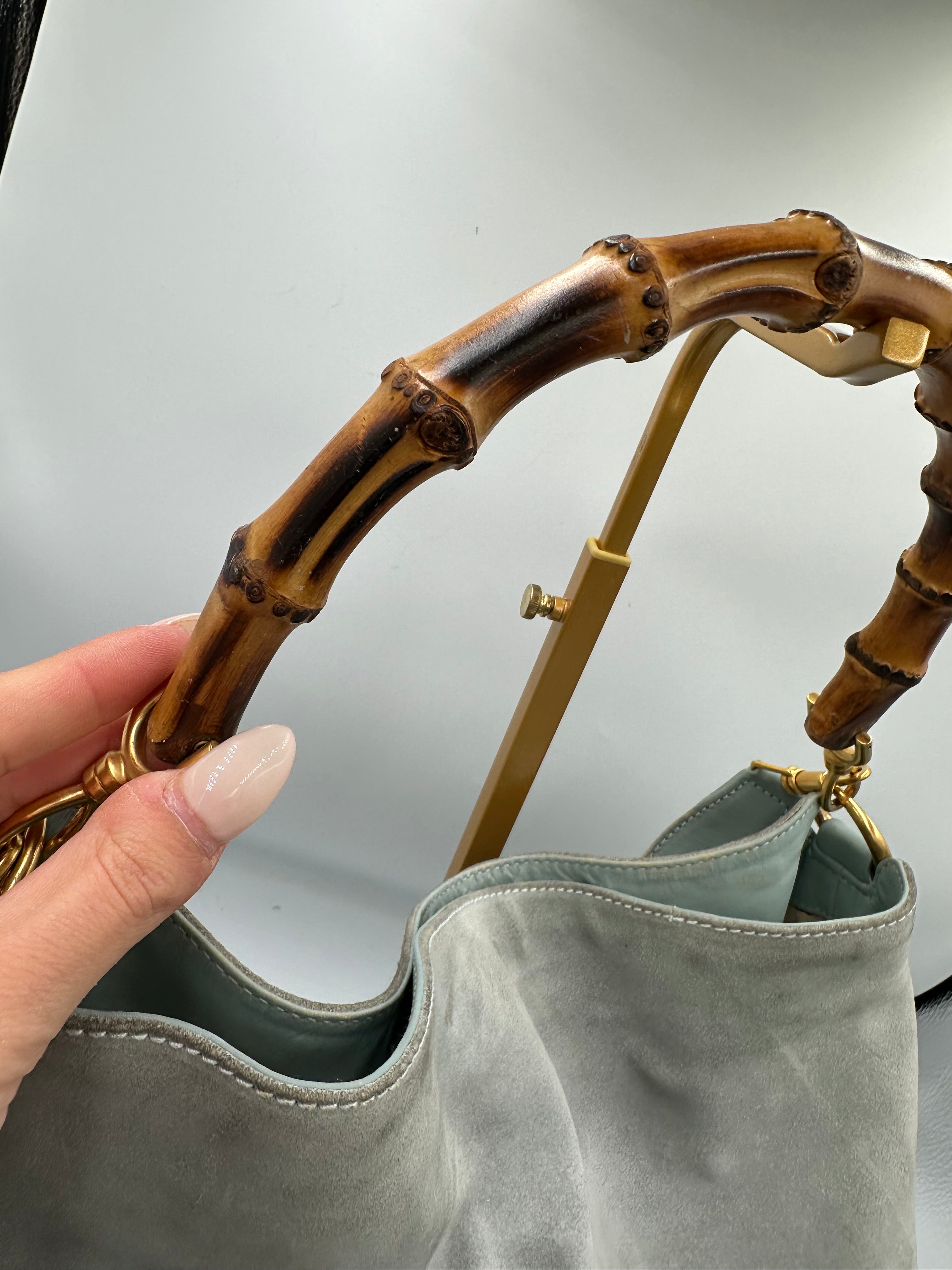 Rare Gucci Bamboo baby blue suede top handle shoulder bag