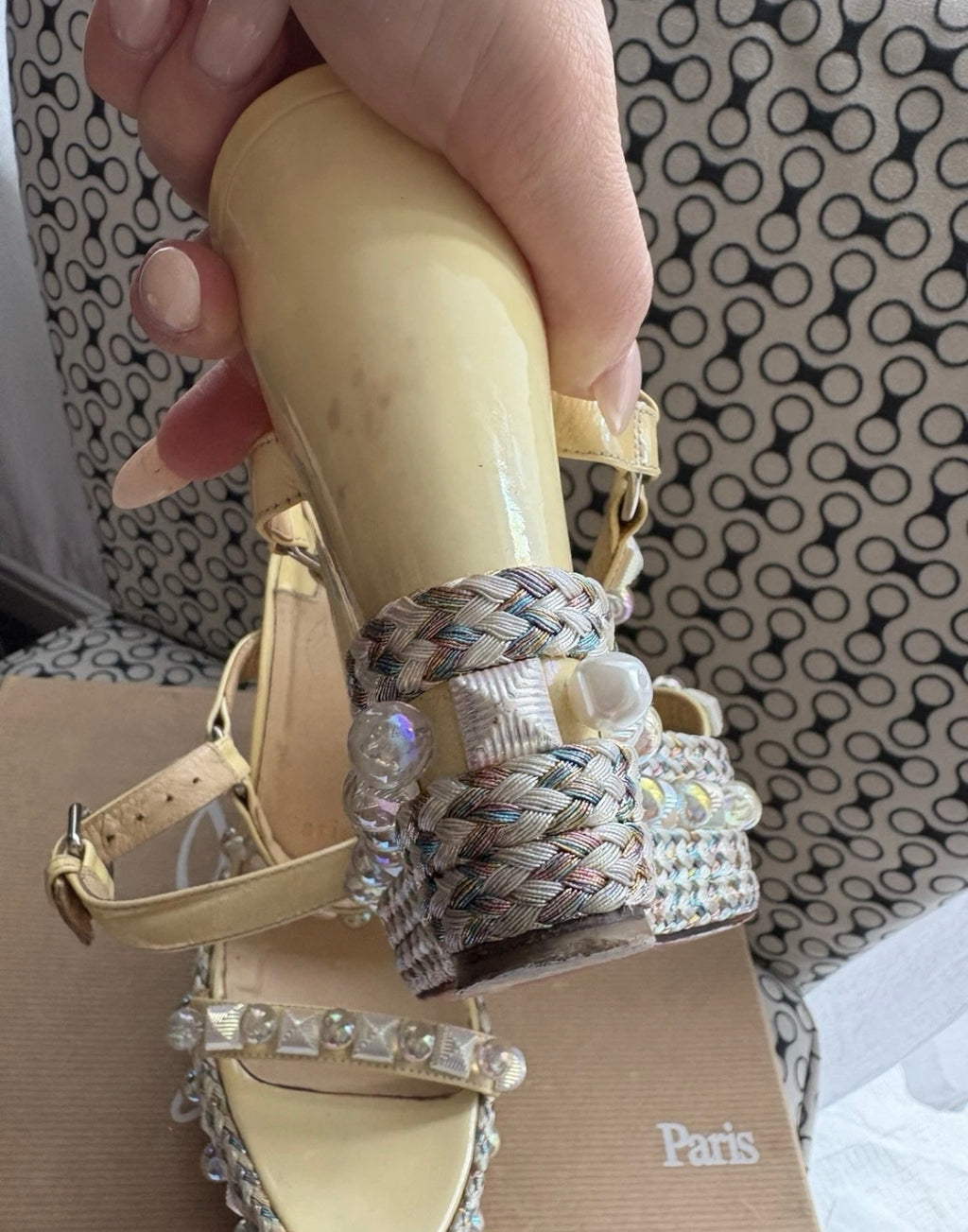 Christian Louboutin PYRACLOU 110 Wedge Sole Sandals Pearl Studded Light Yellow