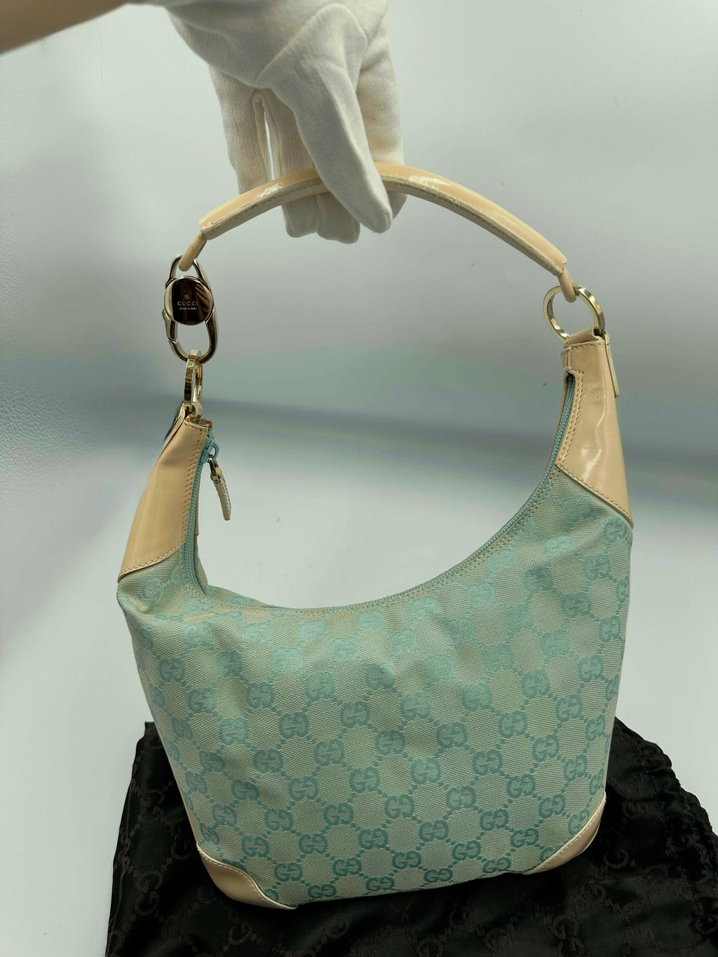 Gucci GG canvas and patent leather hobo shoulder bag