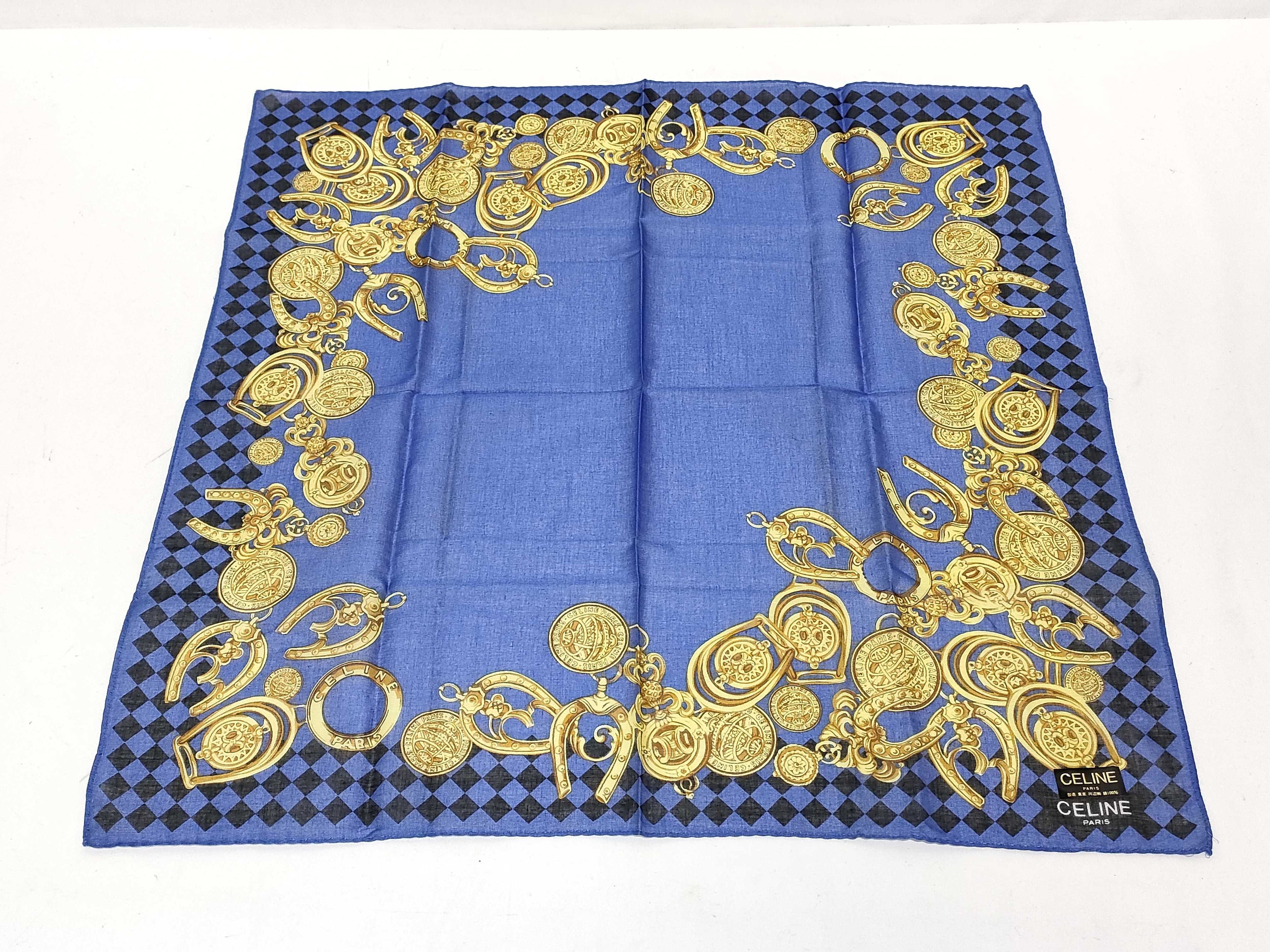 Celine Silk Triomph navy and gold scarf