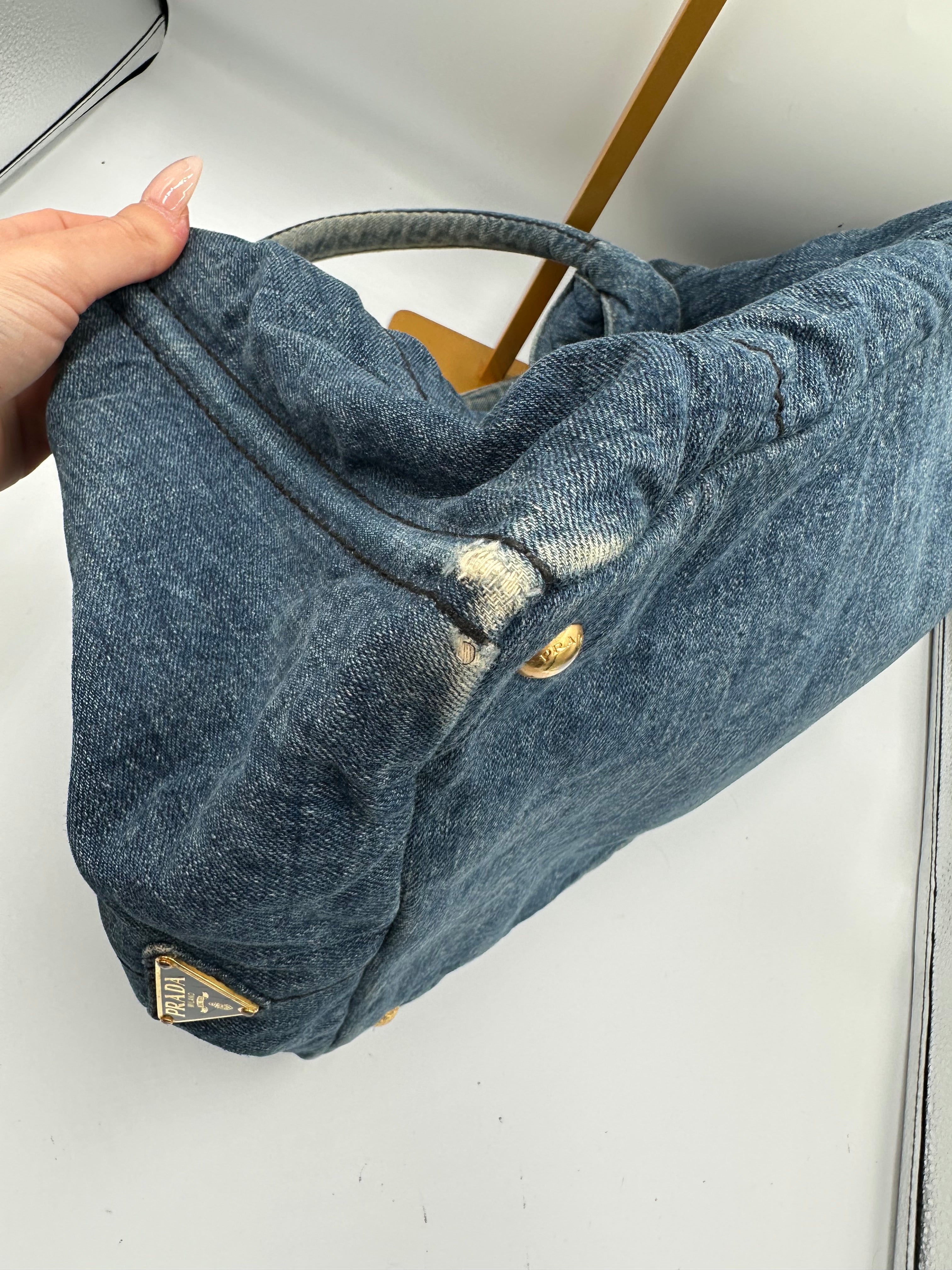 Prada Kanapa Denim tote bag with black Prada writing