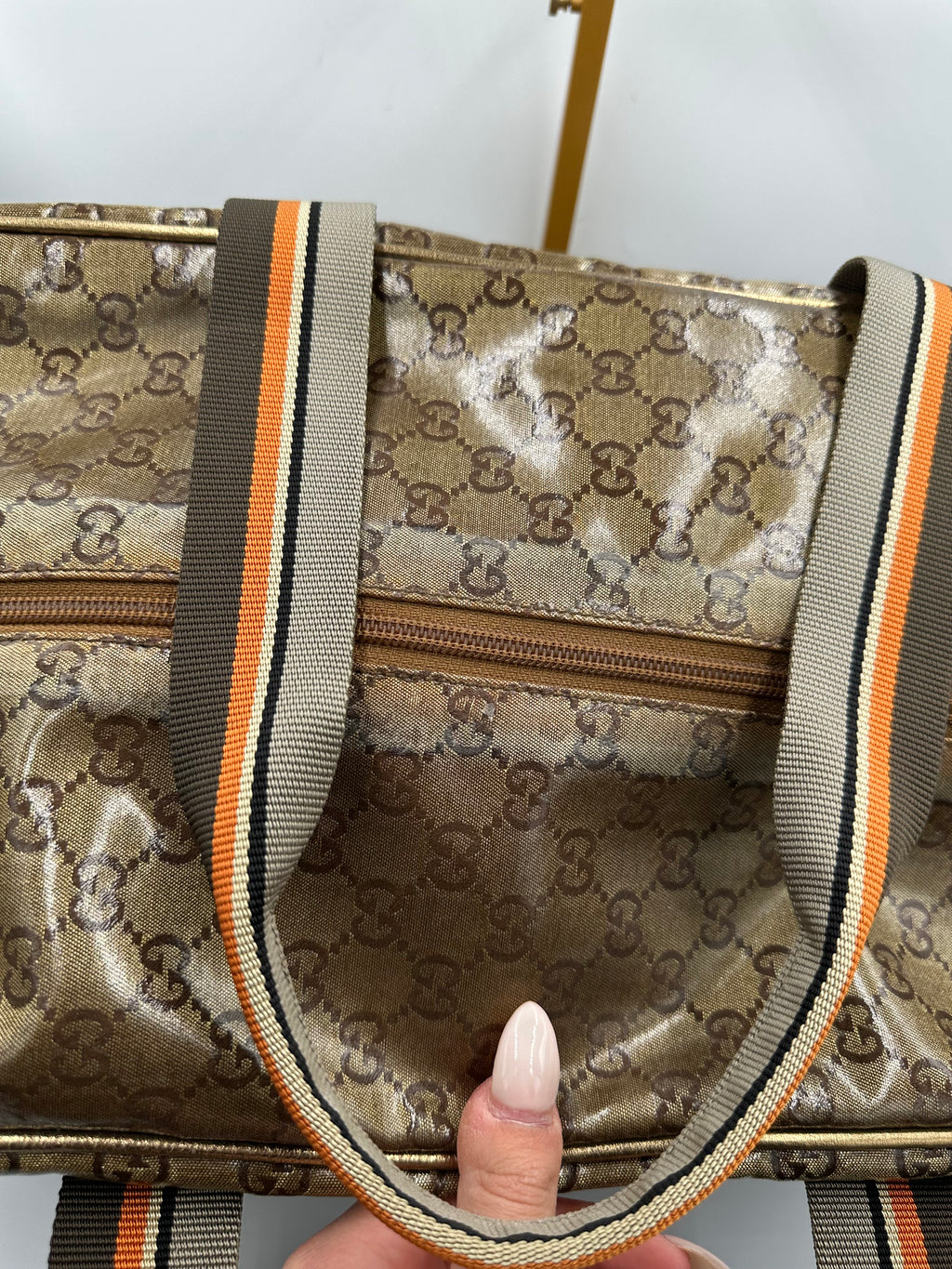 Rare 2000s Gucci bronze PVC metallic GG monogram pattern duffel bag