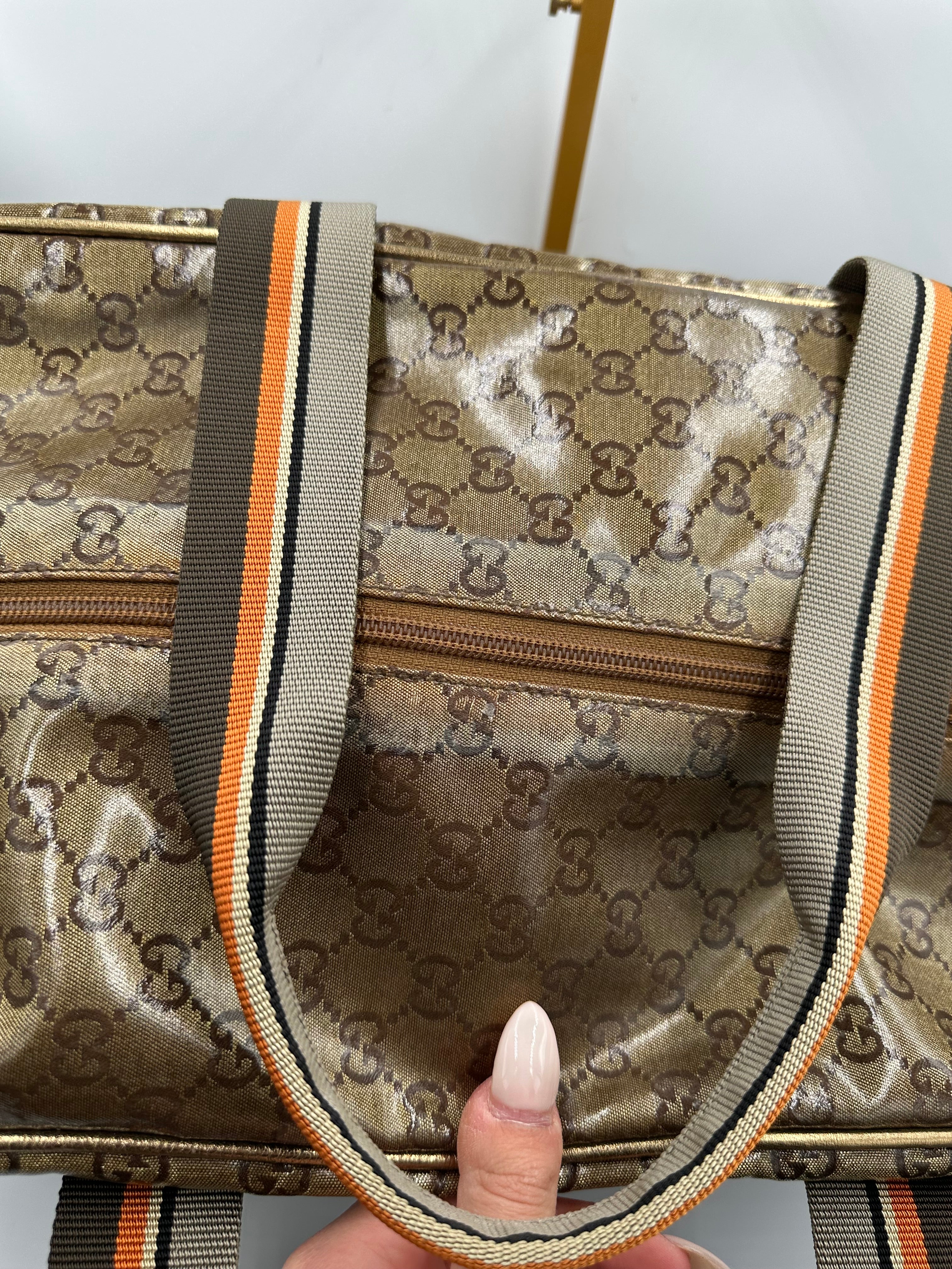 Rare 2000s Gucci bronze PVC metallic GG monogram pattern duffel bag