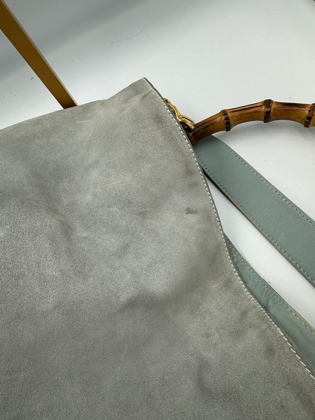 Rare Gucci Bamboo baby blue suede top handle shoulder bag