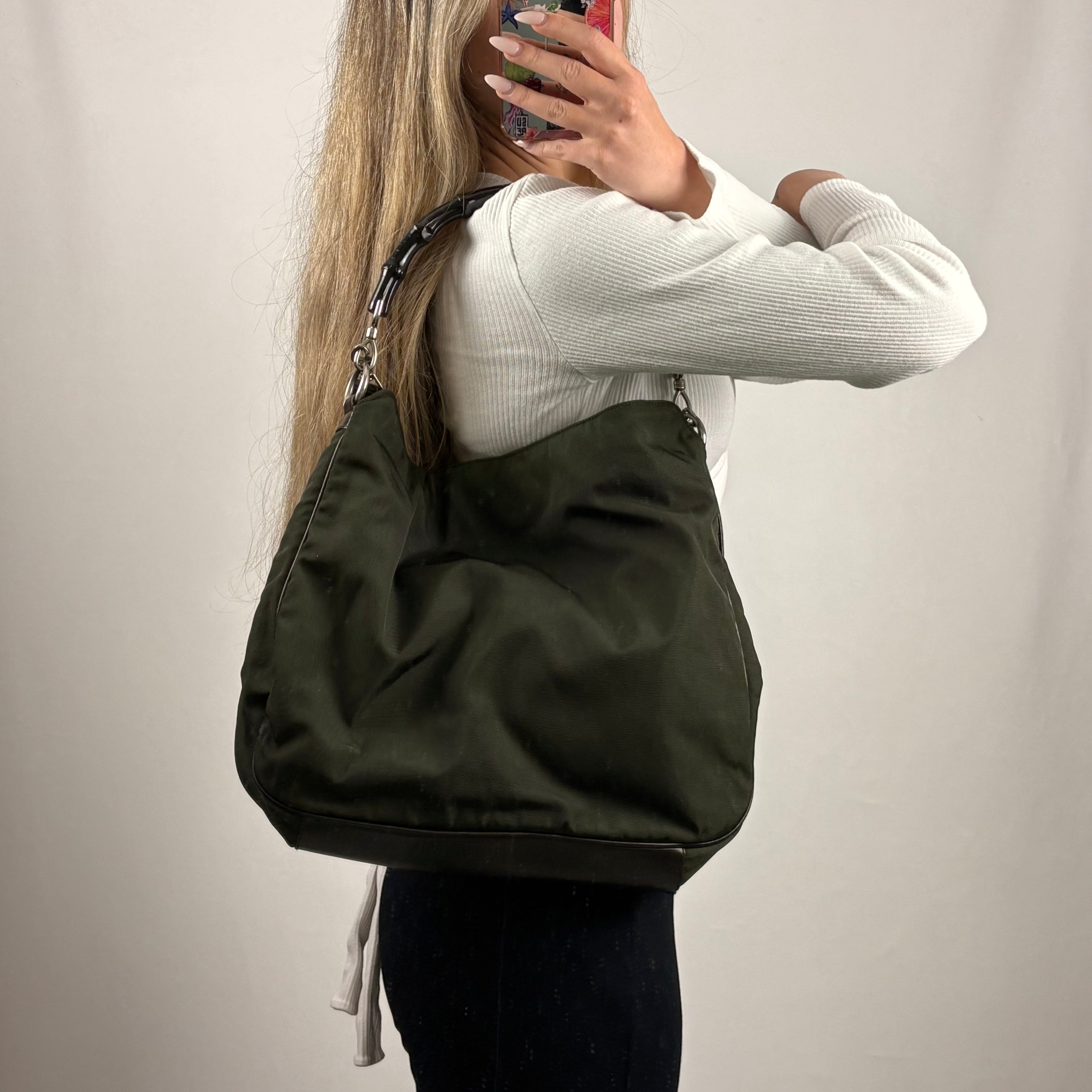 Gucci Bamboo forest green shoulder bag with black strap