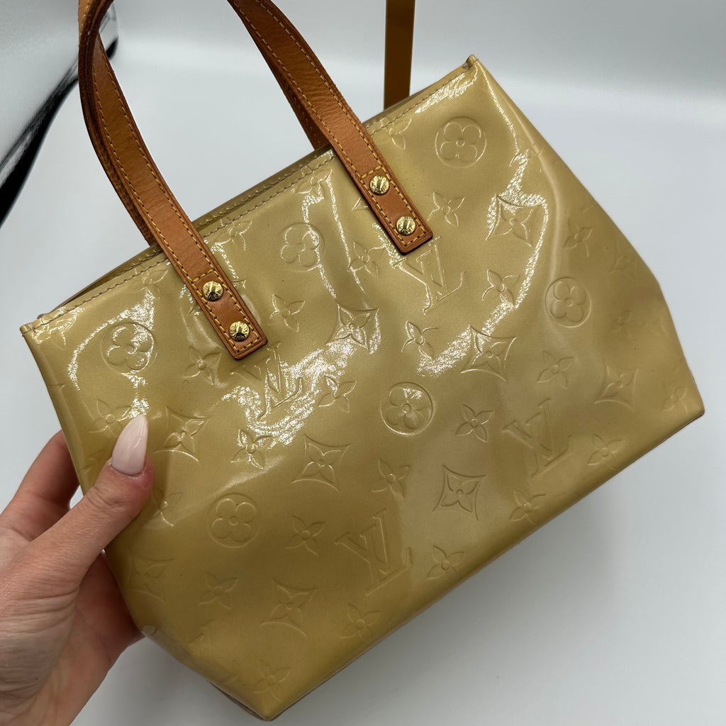 Louis Vuitton Monogram Vernis Trousse PM pastel yellow handbag