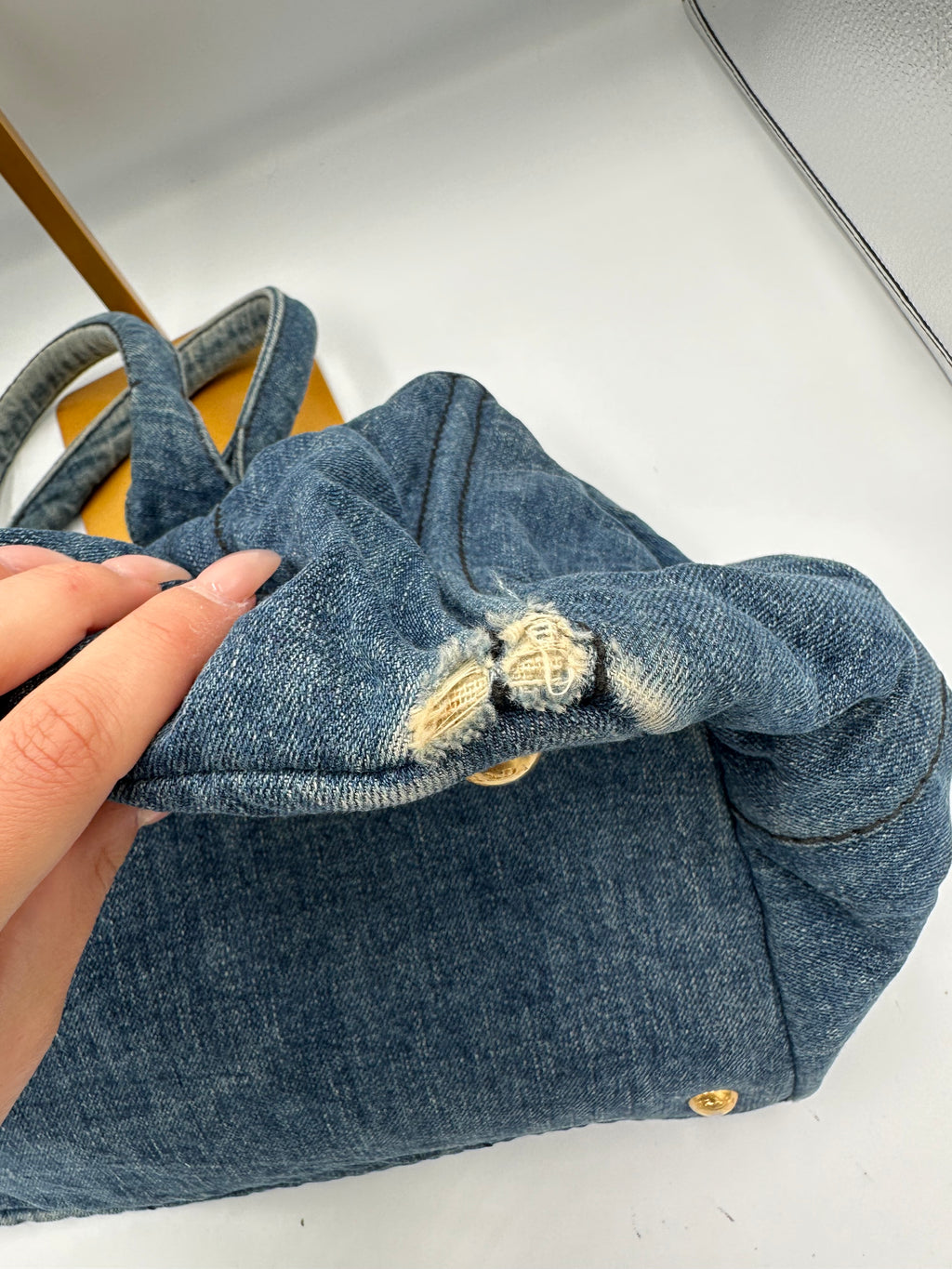 Prada Kanapa Denim tote bag with black Prada writing