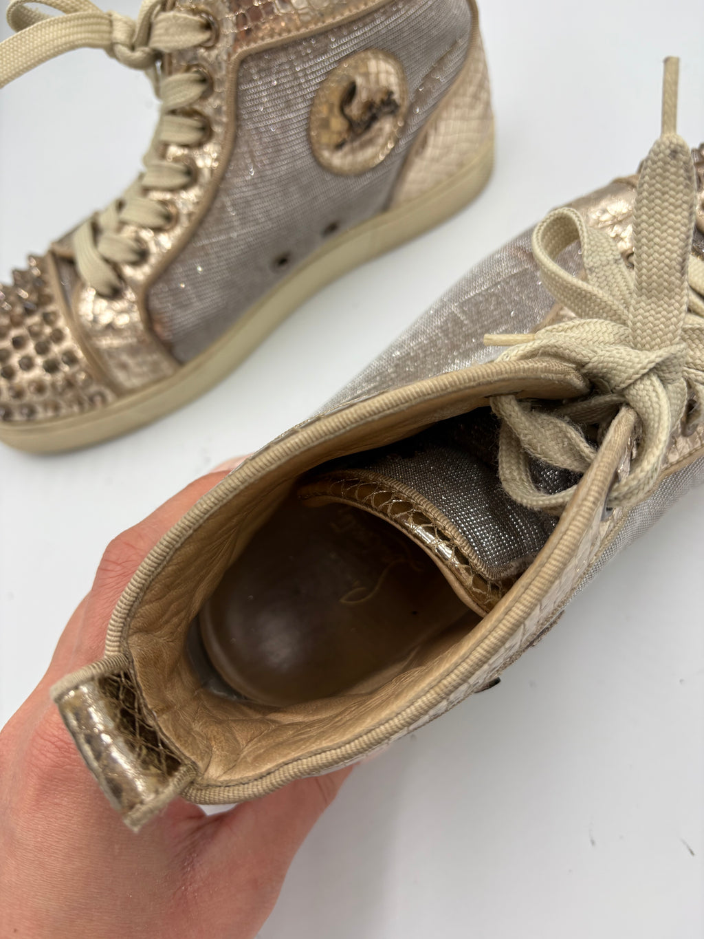 Christian Louboutin Lou Spikes Spike Studded Glitter Sneakers in Rose Gold UK 5