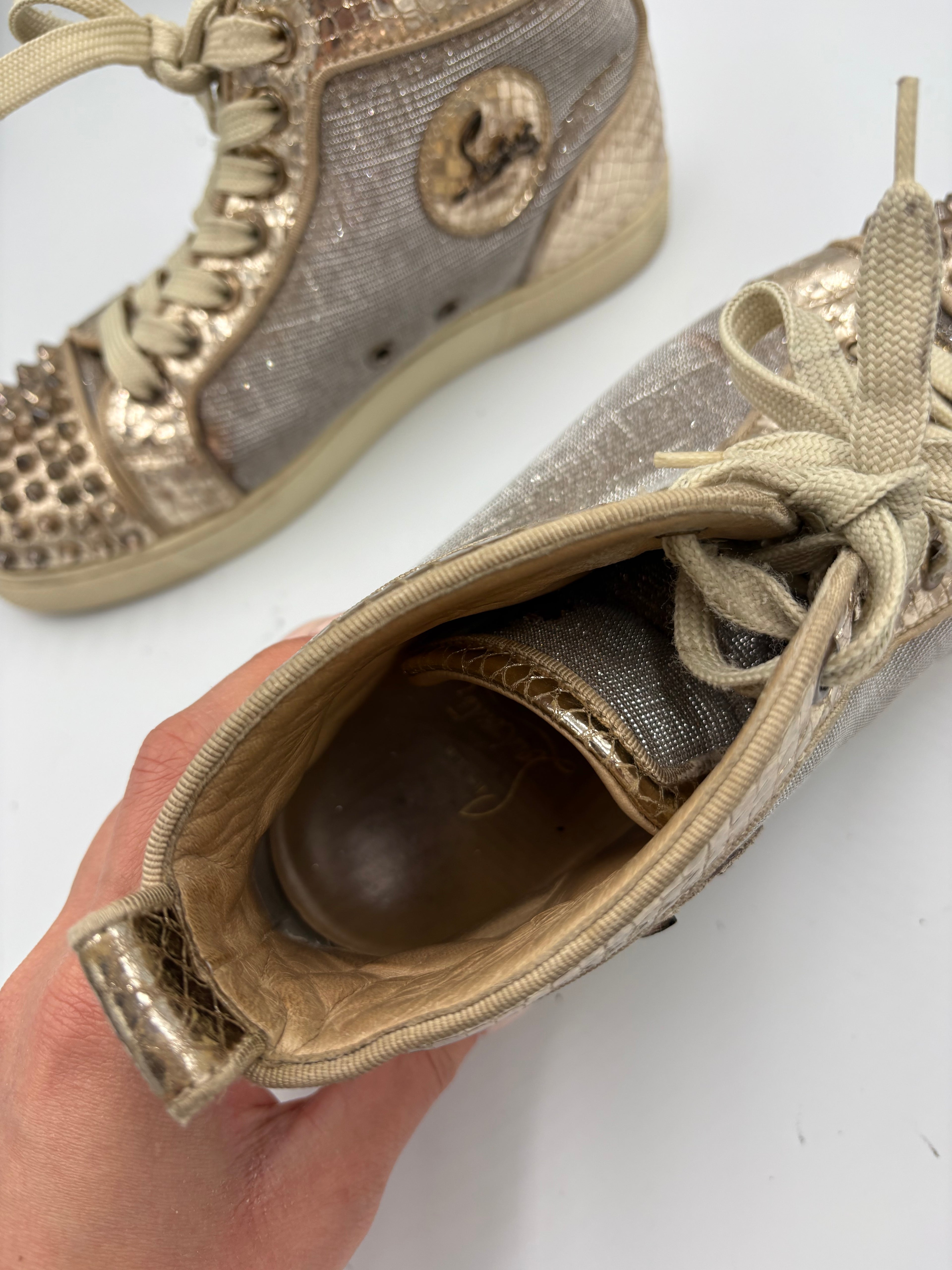 Christian Louboutin Lou Spikes Spike Studded Glitter Sneakers in Rose Gold UK 5