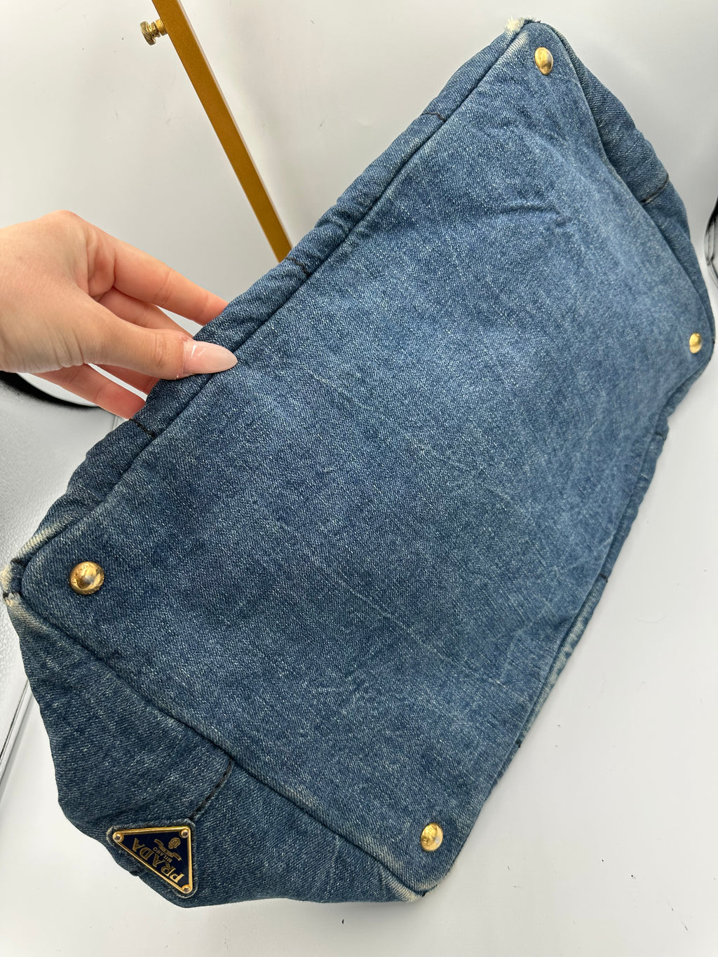 Prada Kanapa Denim tote bag with black Prada writing