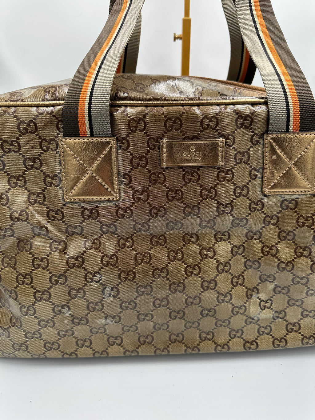 Rare 2000s Gucci bronze PVC metallic GG monogram pattern duffel bag