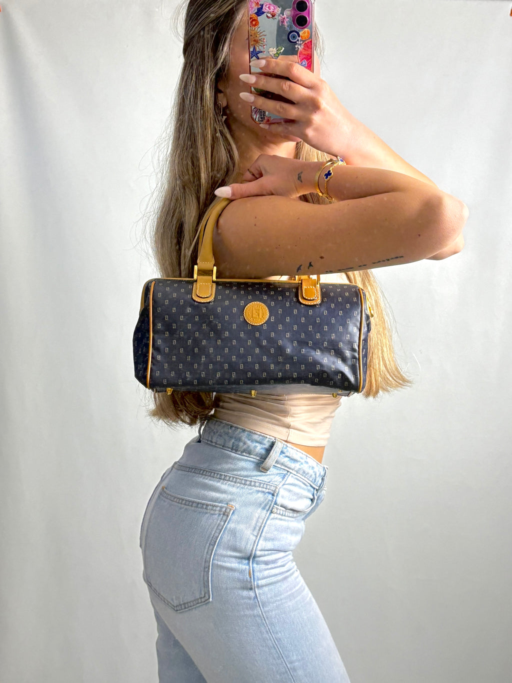 Fendi monogram boston bag in satin navy