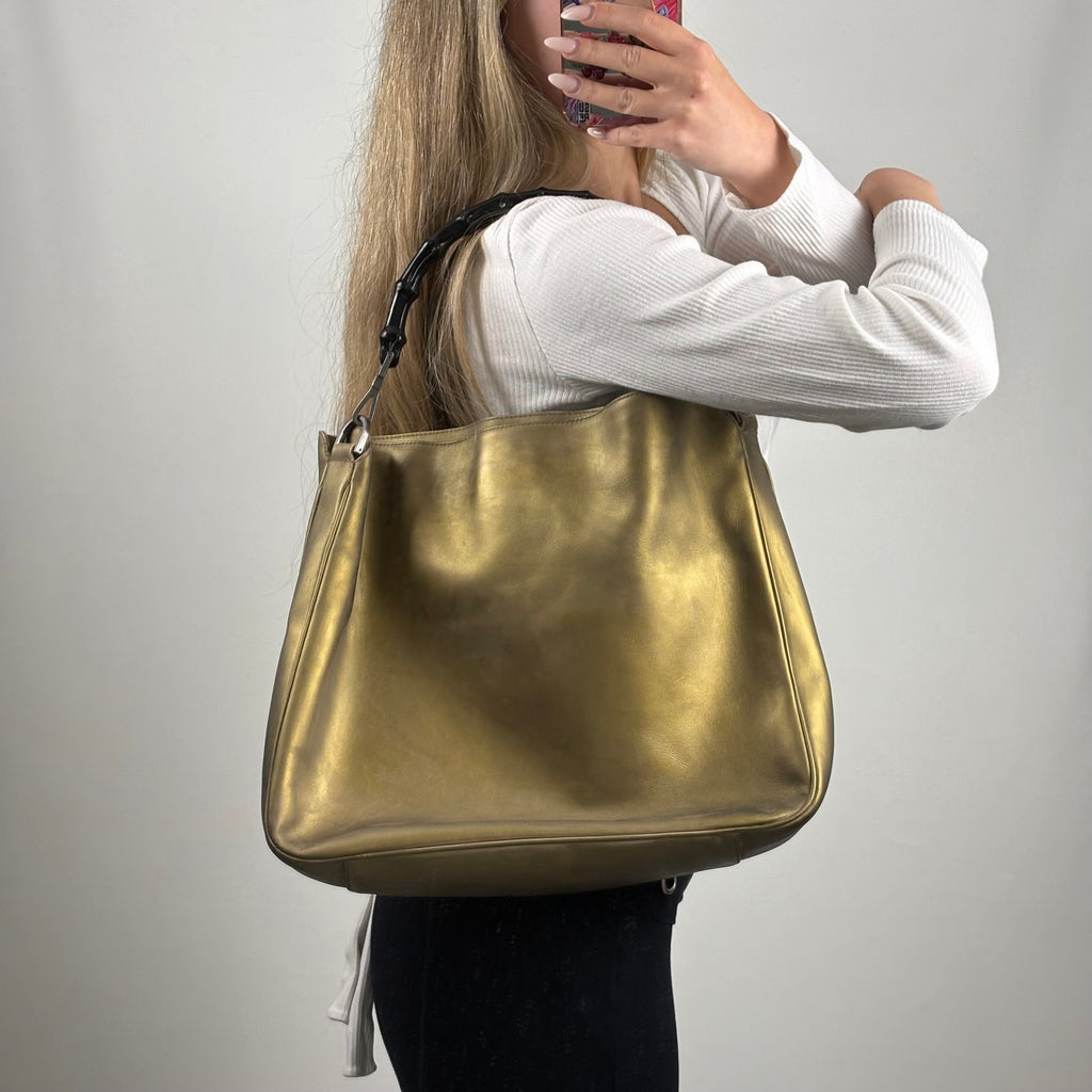 Rare Gucci Bamboo top handle shoulder bag in metallic olive green