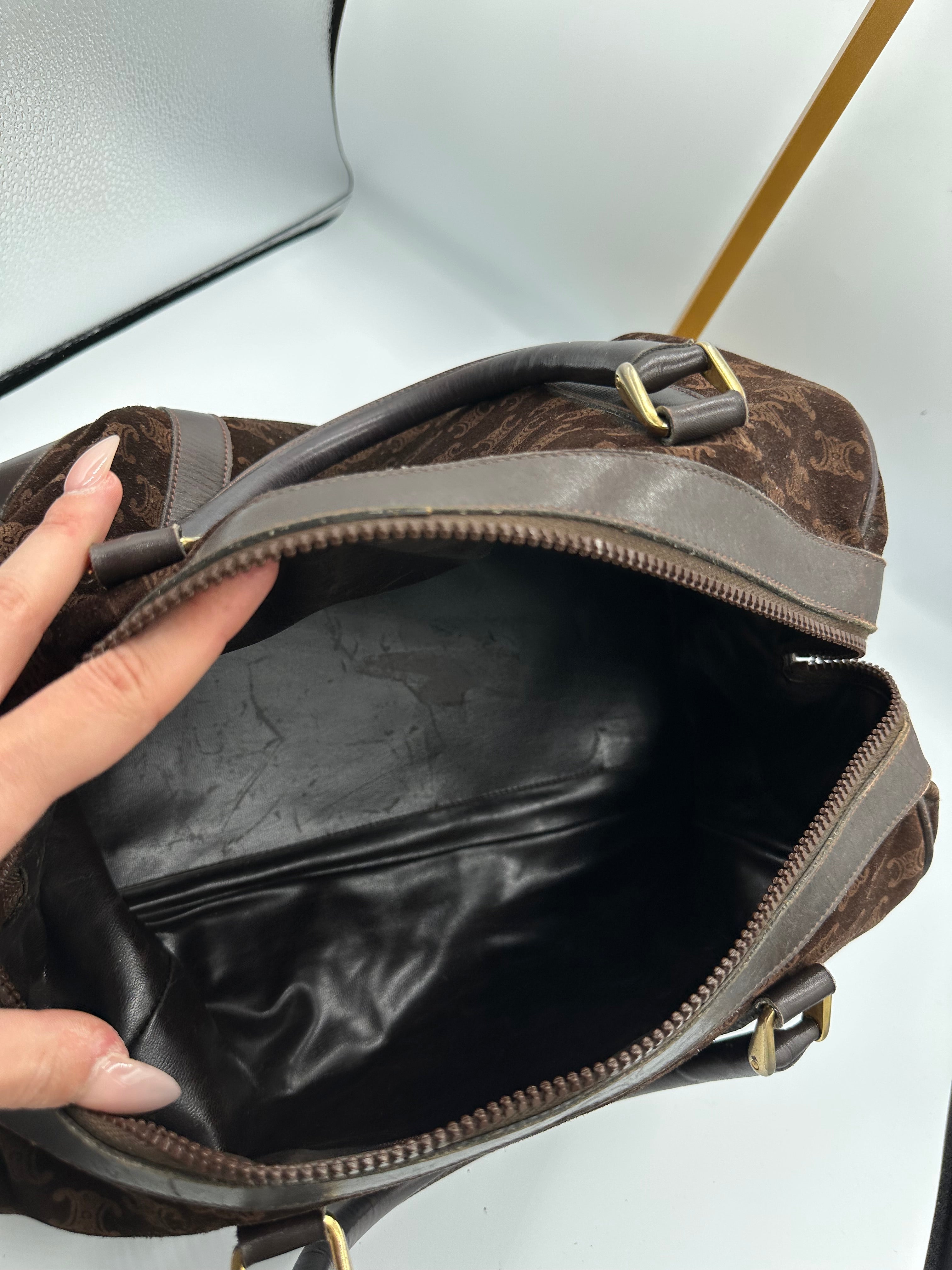 Rare Celine brown suede monogram Macadam handbag
