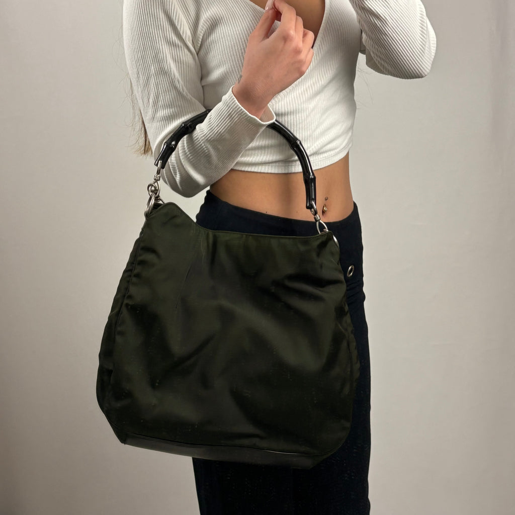 Gucci Bamboo forest green shoulder bag with black strap