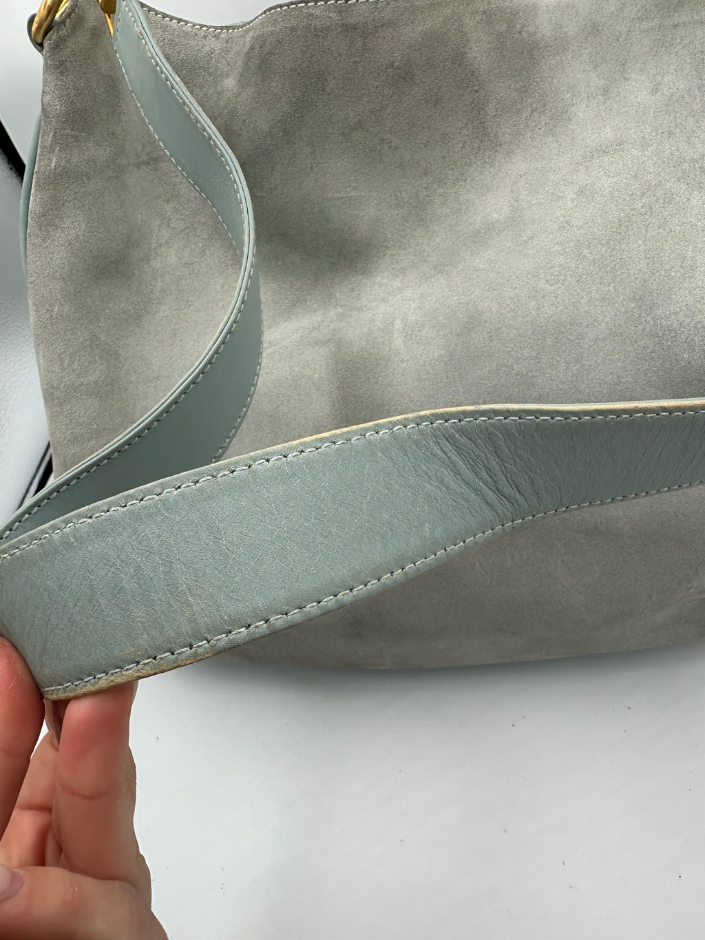 Rare Gucci Bamboo baby blue suede top handle shoulder bag