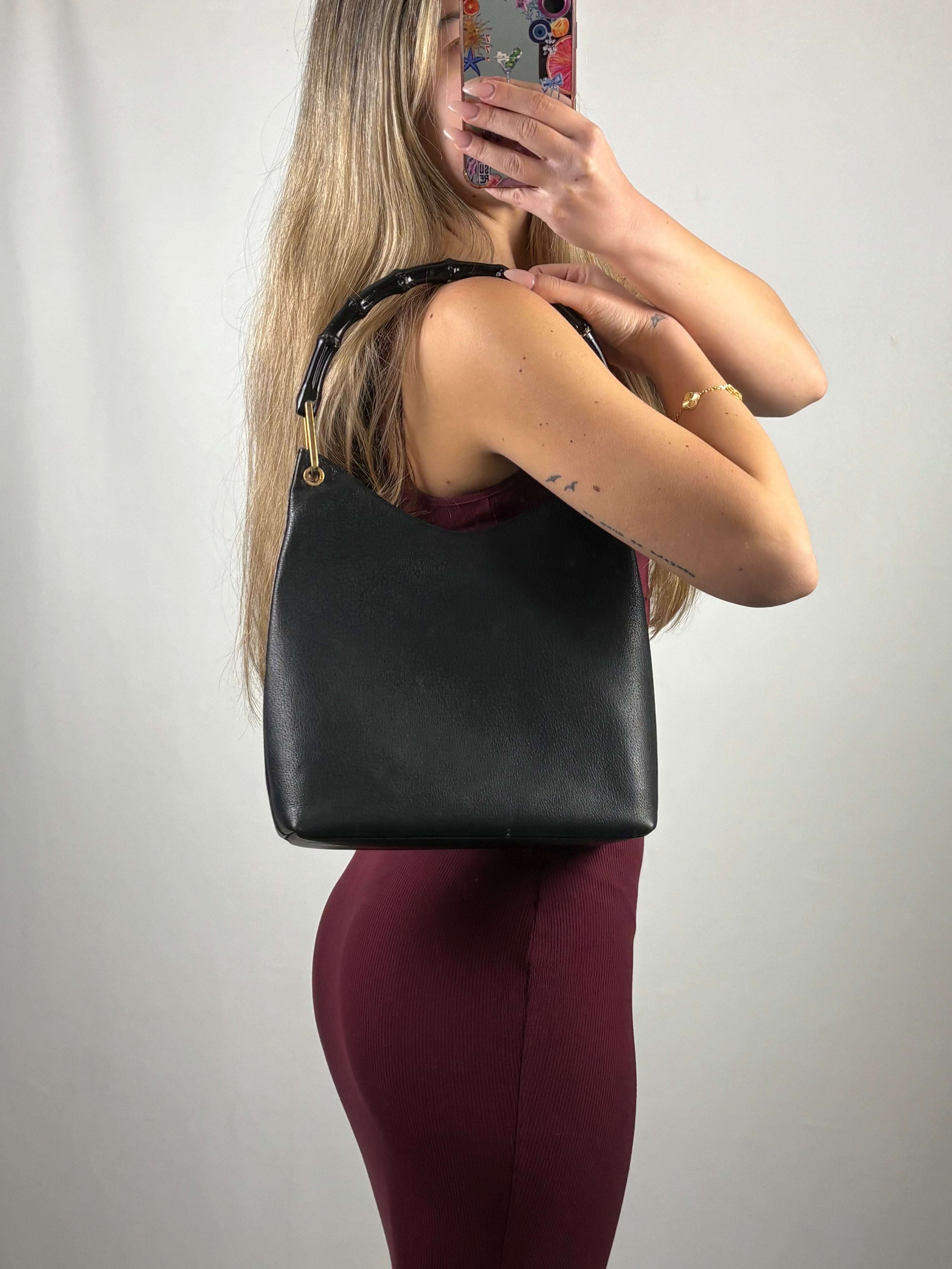 Vintage Gucci Bamboo leather black top handle shoulder bag
