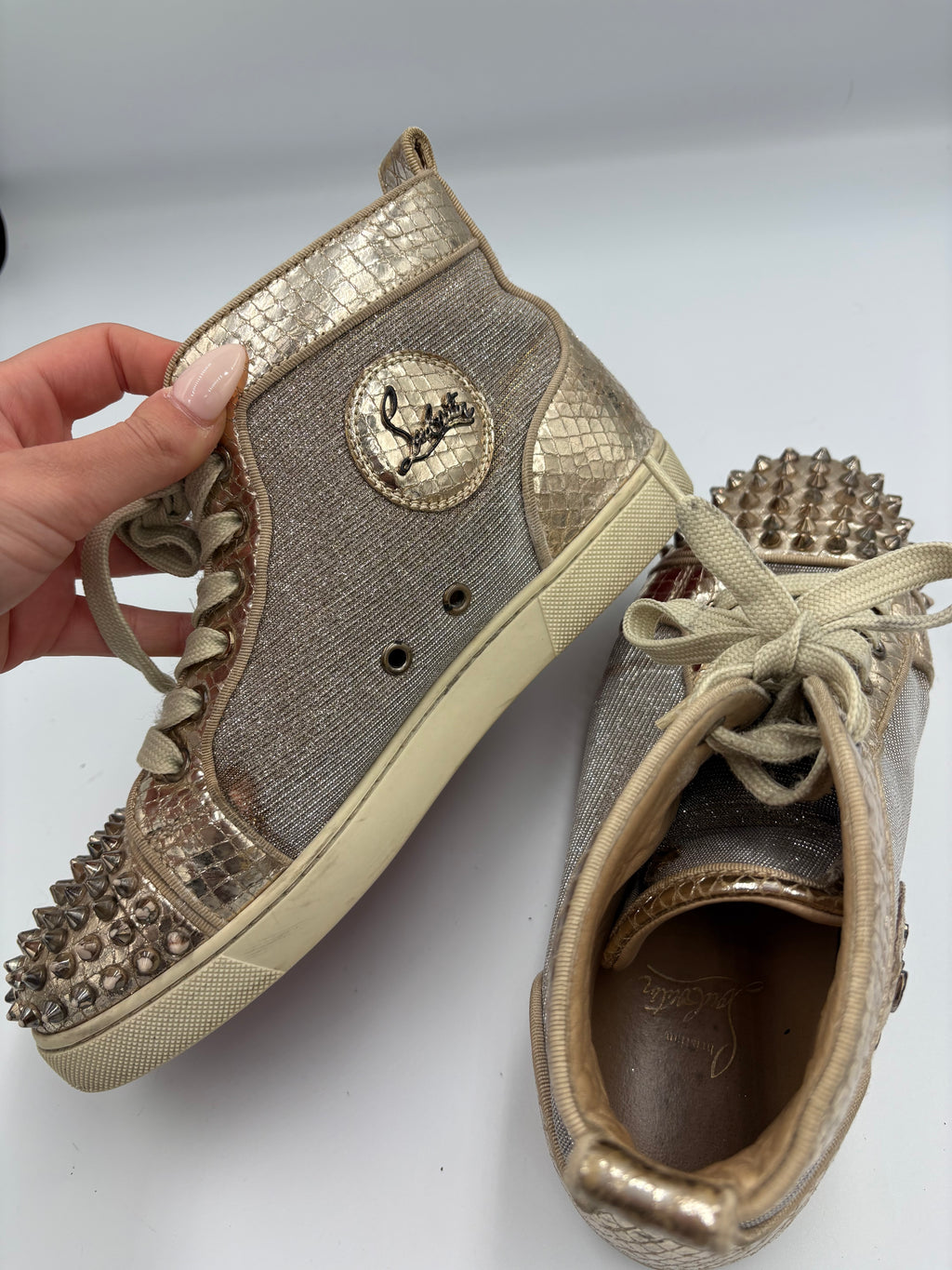 Christian Louboutin Lou Spikes Spike Studded Glitter Sneakers in Rose Gold UK 5