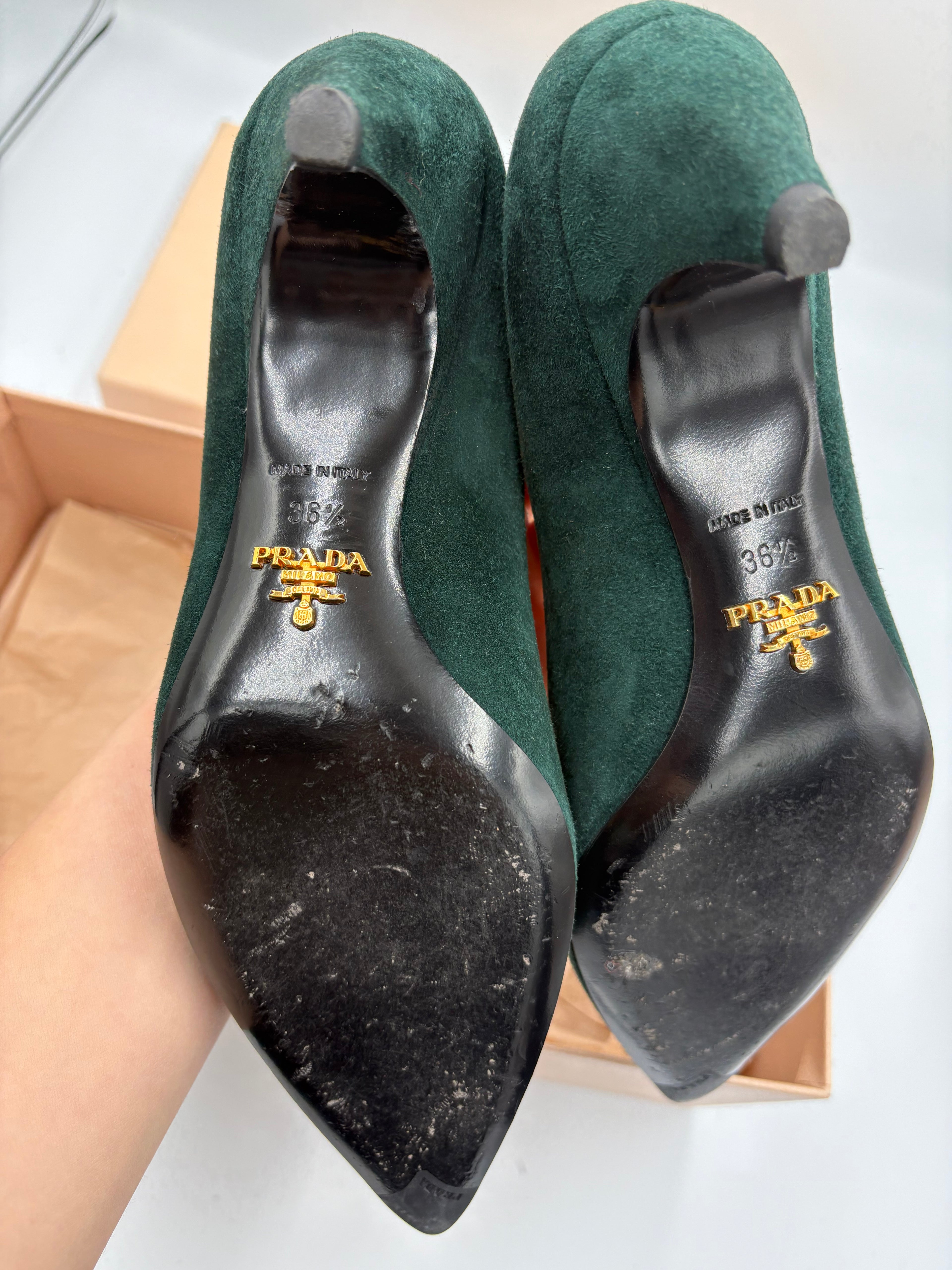 Authentic Prada emerald forest green suede kitten heel pointy toe heels