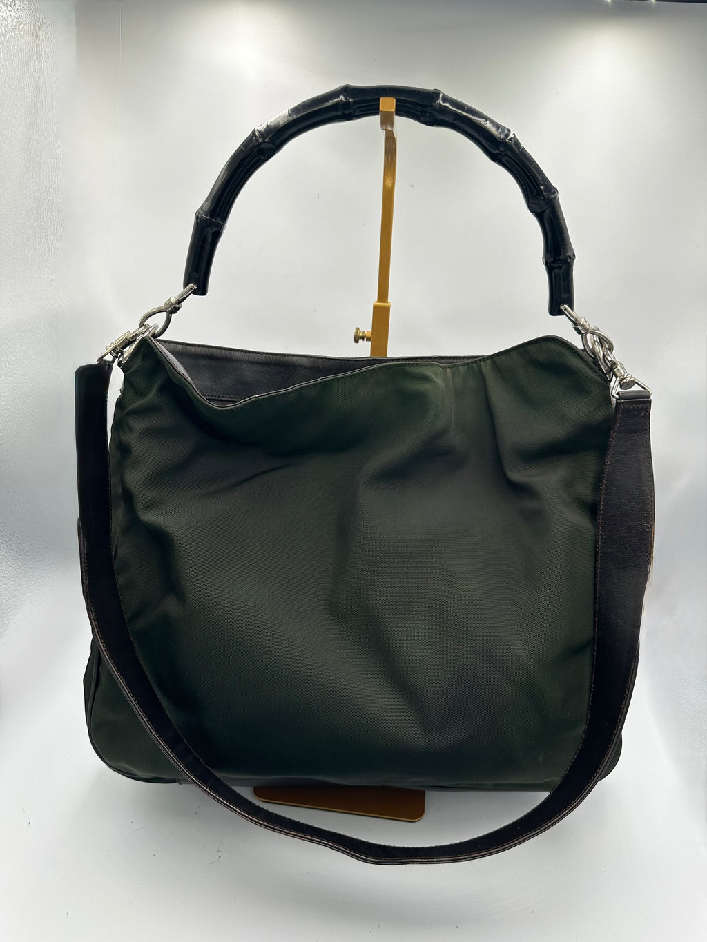 Gucci Bamboo forest green shoulder bag with black strap