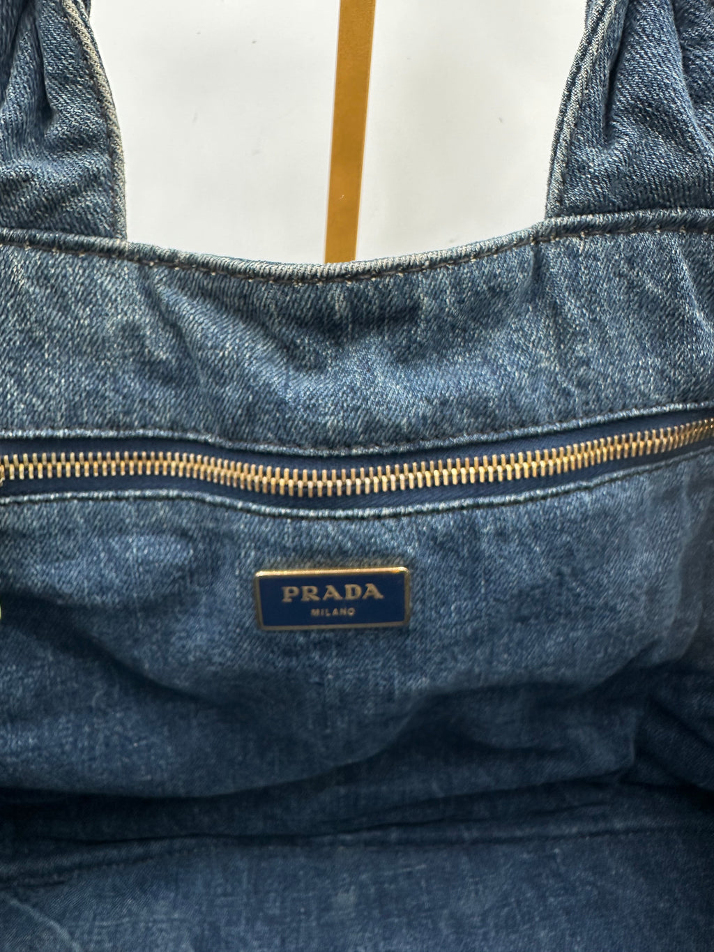 Prada Kanapa Denim tote bag with black Prada writing
