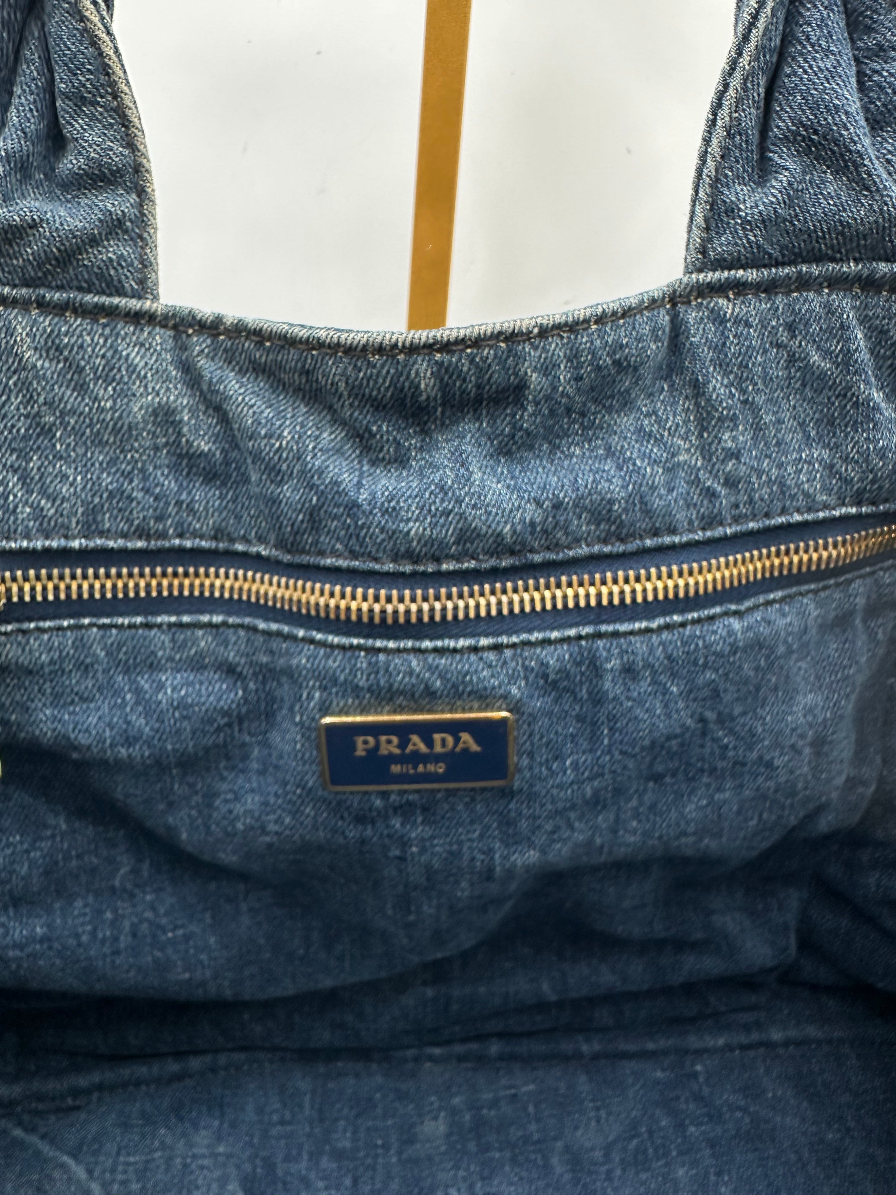 Prada Kanapa Denim tote bag with black Prada writing