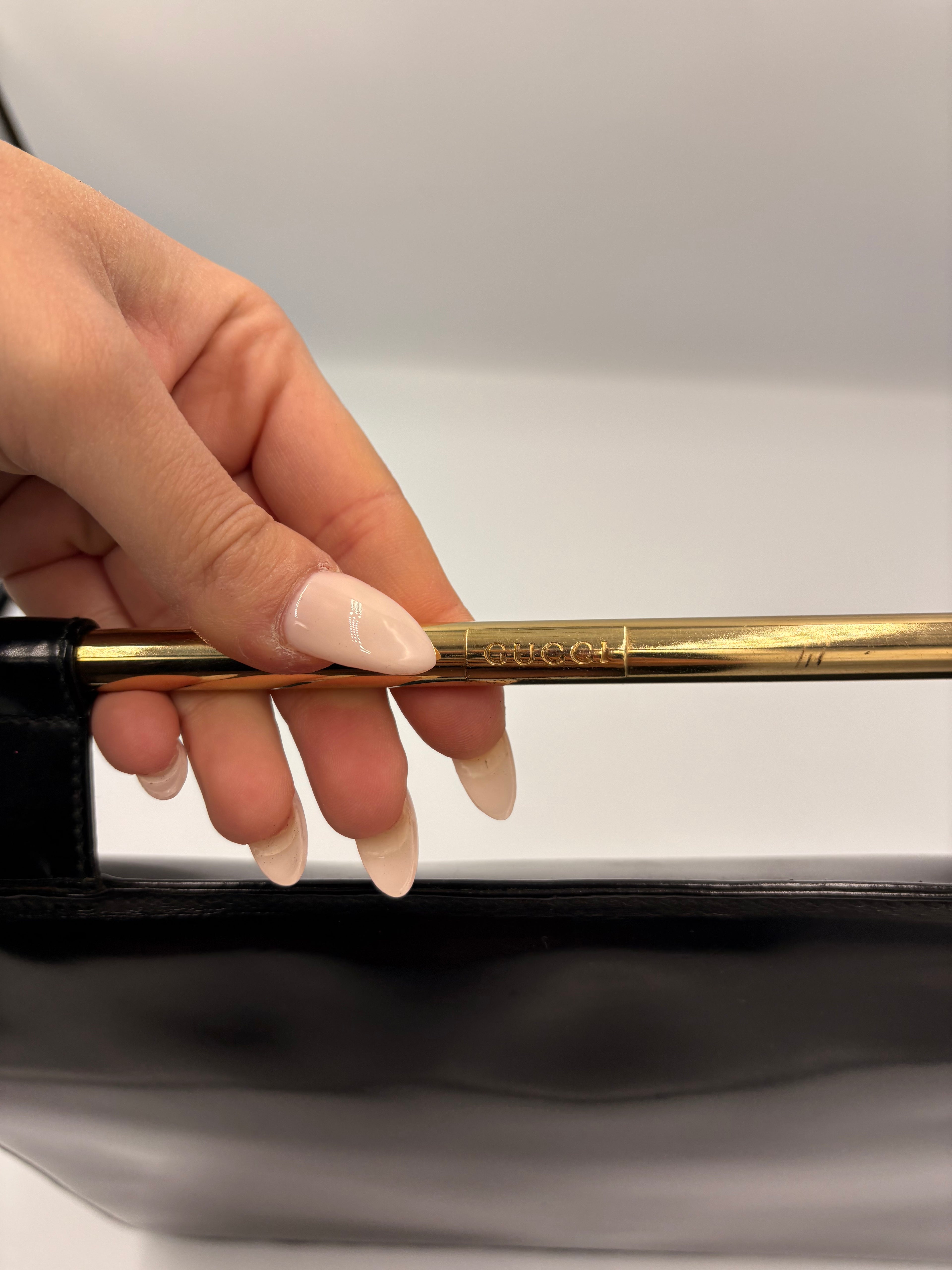 rare 90s Gucci by Tom Ford black patent leather gold handle Clutch