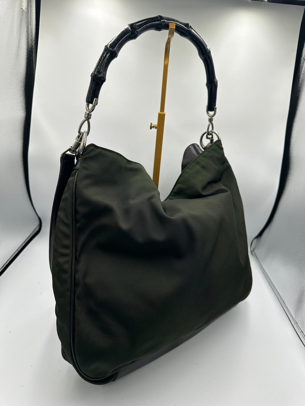 Gucci Bamboo forest green shoulder bag with black strap