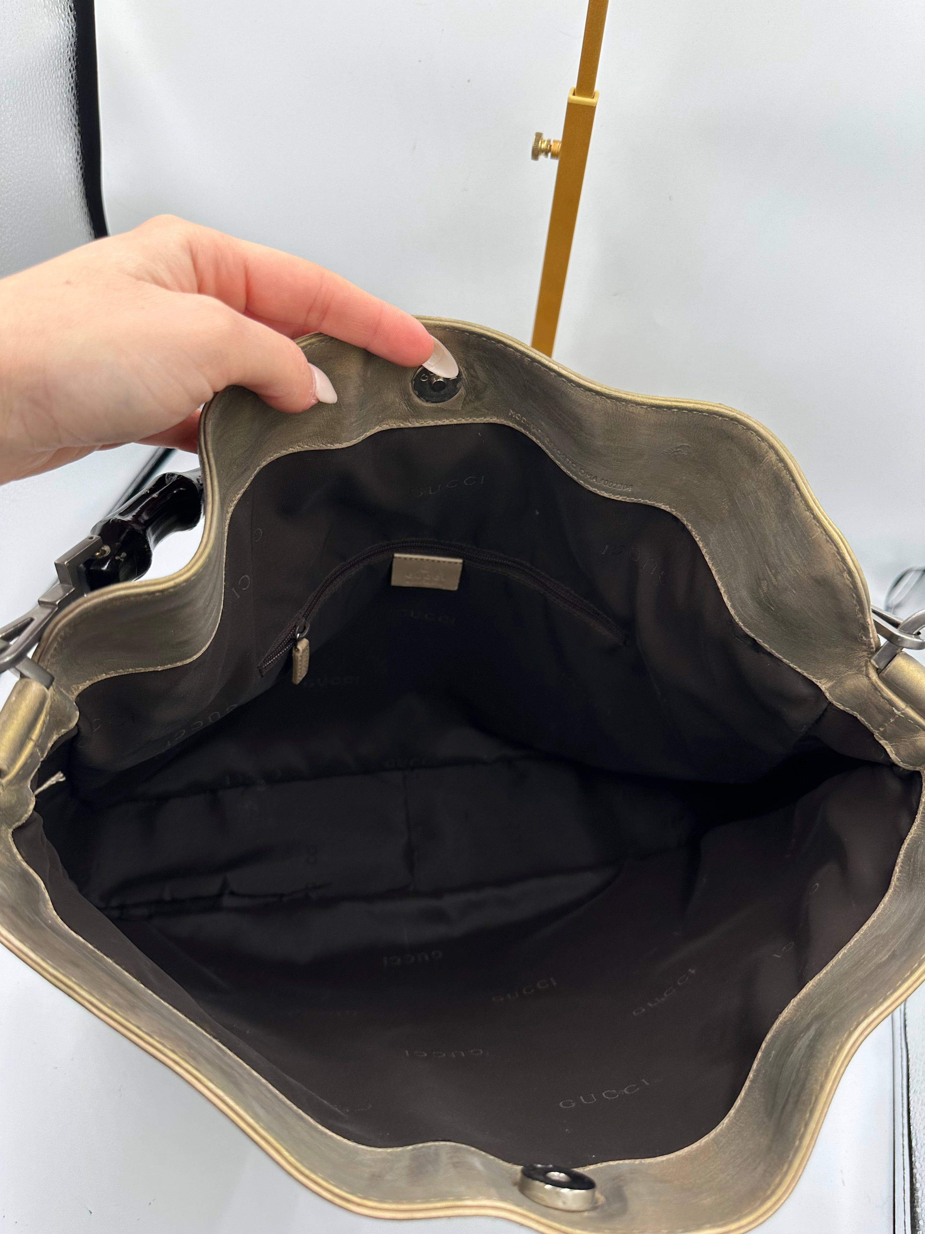Rare Gucci Bamboo top handle shoulder bag in metallic olive green