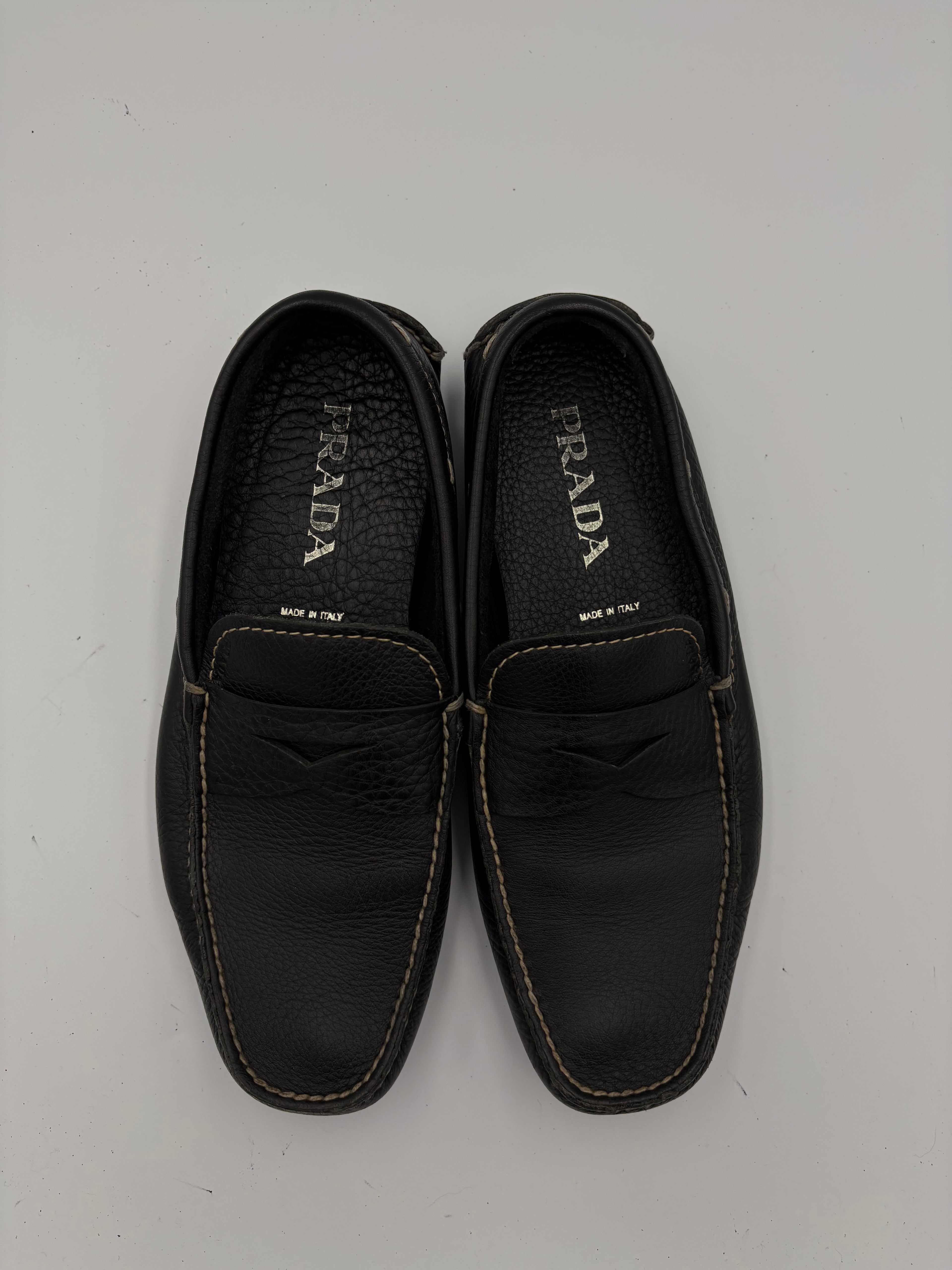 Prada leather contrast stitch loafers