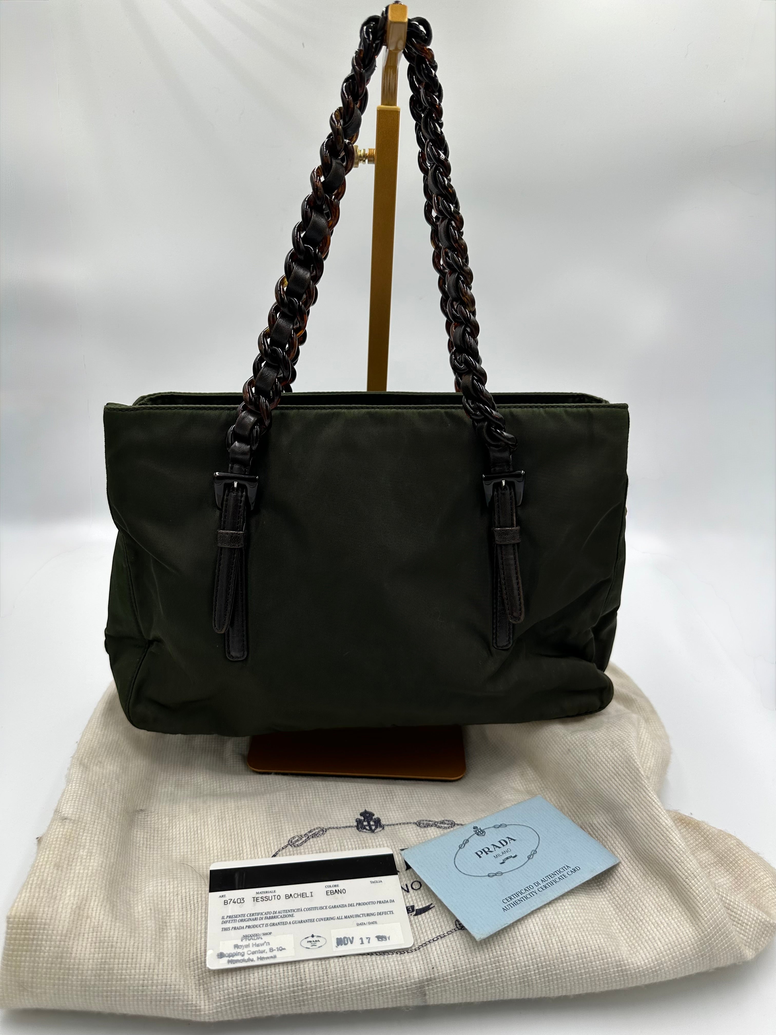 Prada Nylon black chain forest green shoulder bag