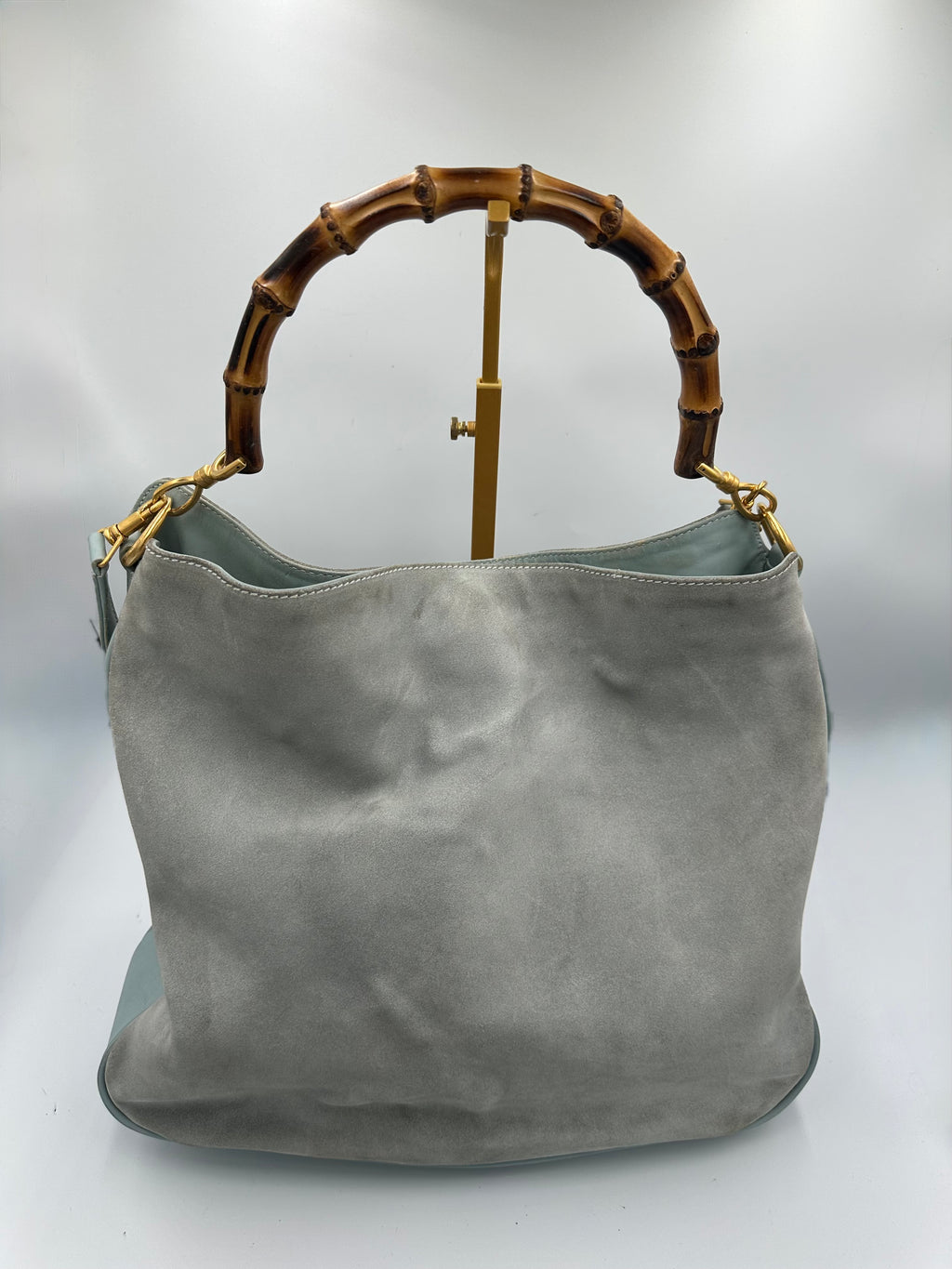 Rare Gucci Bamboo baby blue suede top handle shoulder bag