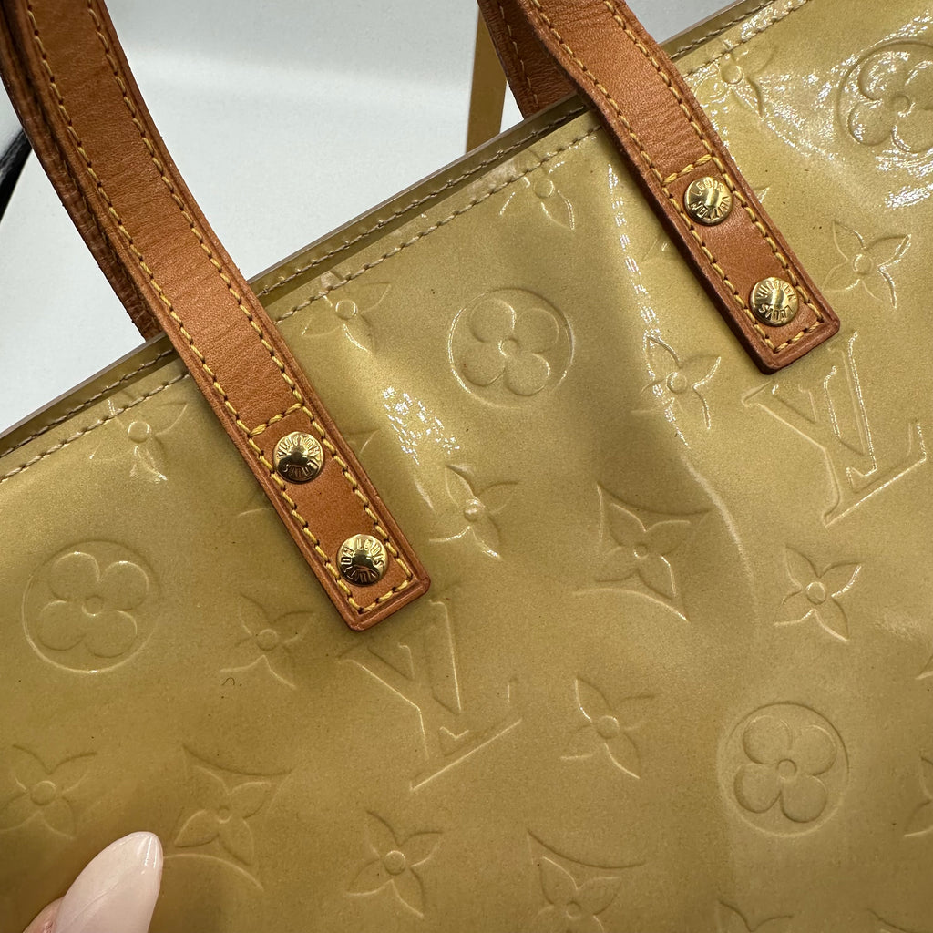 Louis Vuitton Monogram Vernis Trousse PM pastel yellow handbag