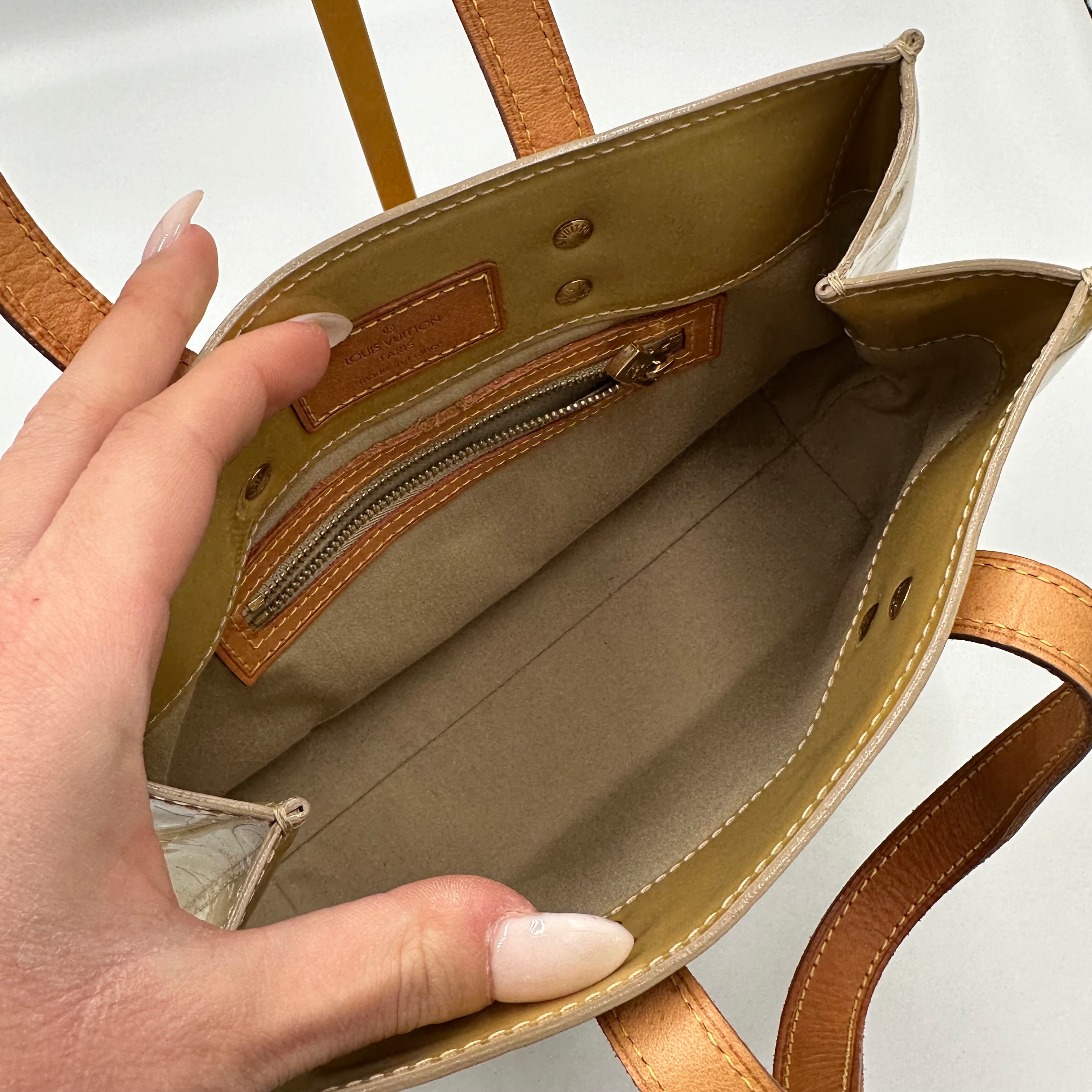 Louis Vuitton Monogram Vernis Trousse PM pastel yellow handbag