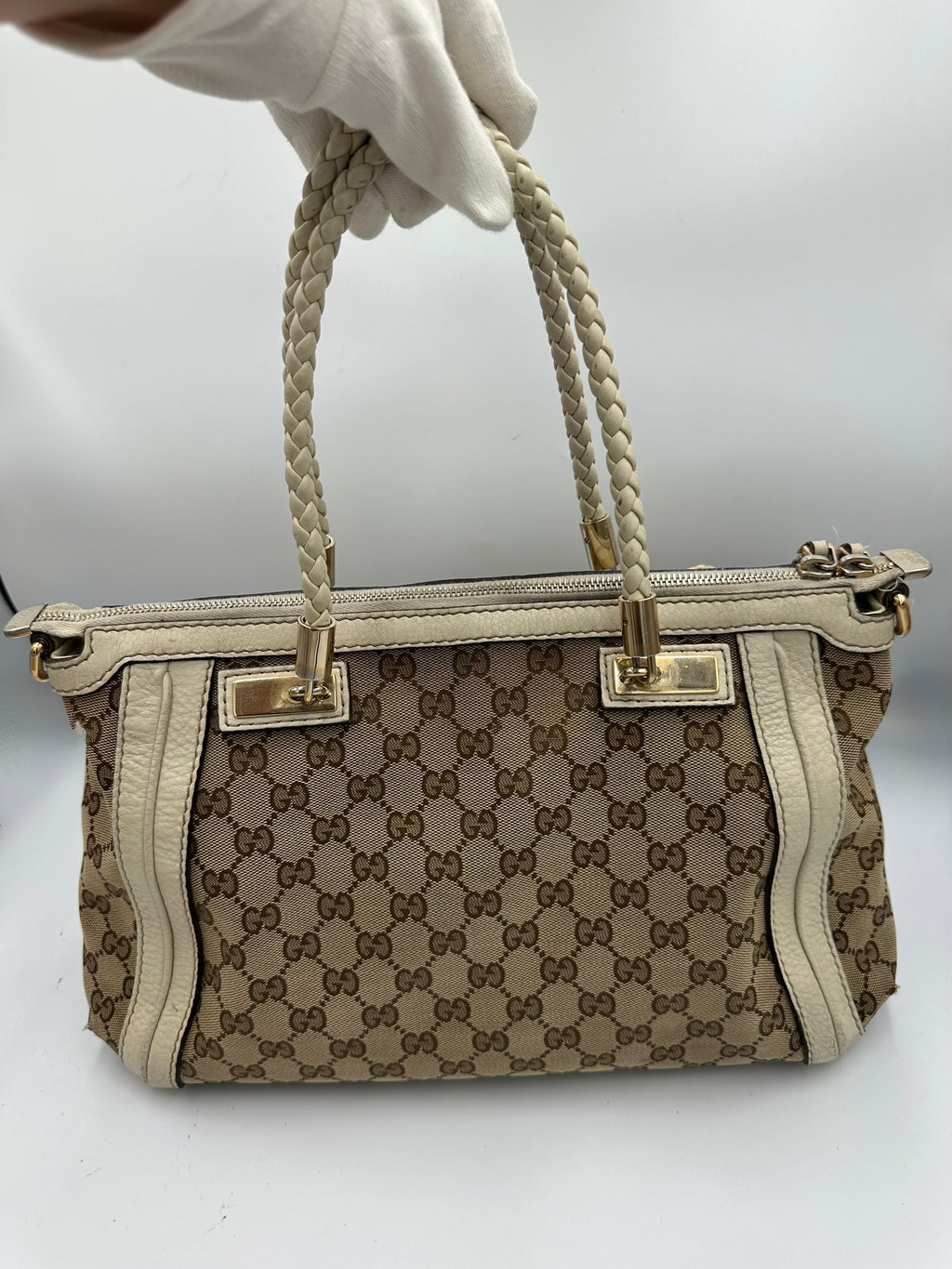 Rare Gucci Small GG Canvas Bella Satchel in beige and cream