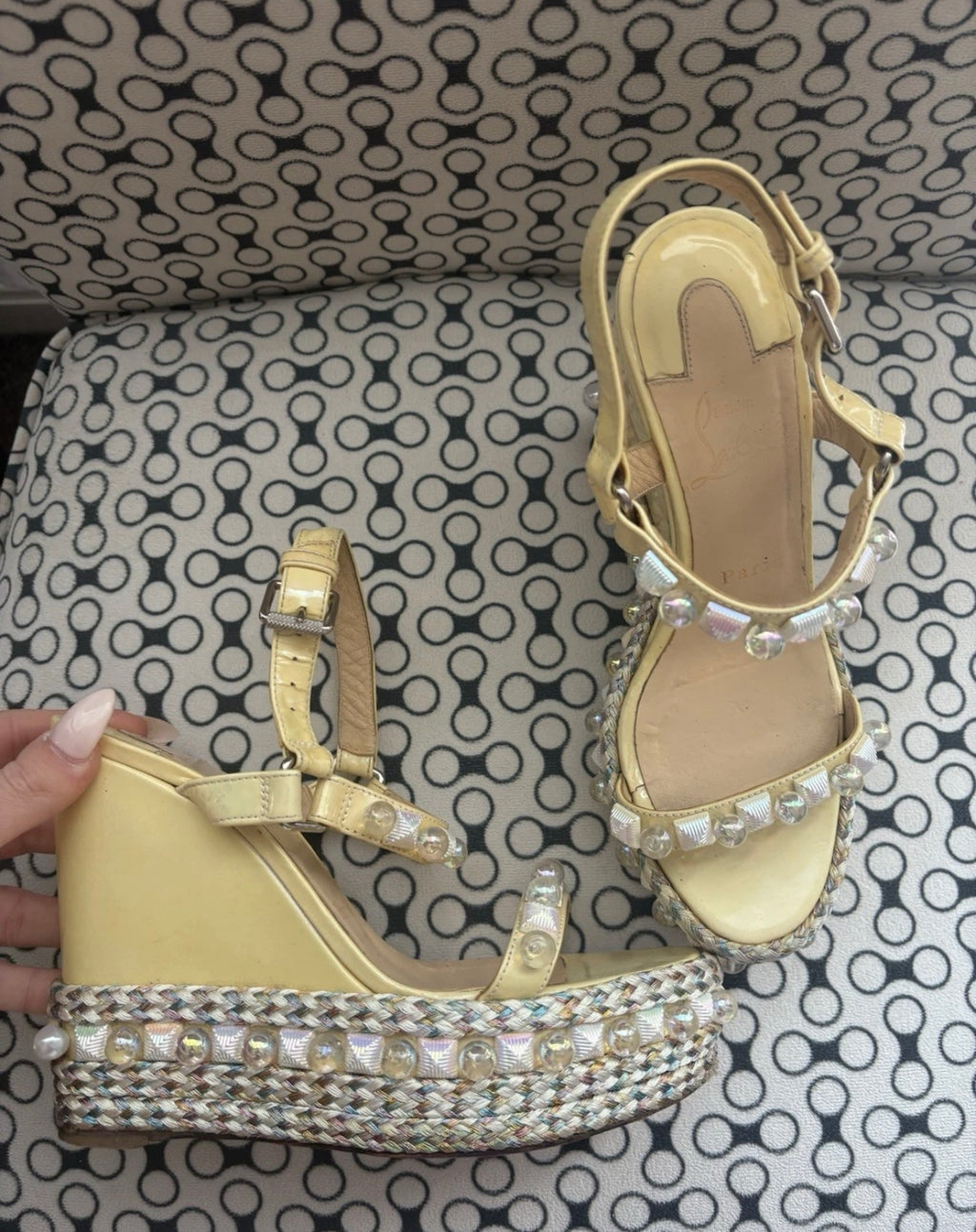 Christian Louboutin PYRACLOU 110 Wedge Sole Sandals Pearl Studded Light Yellow