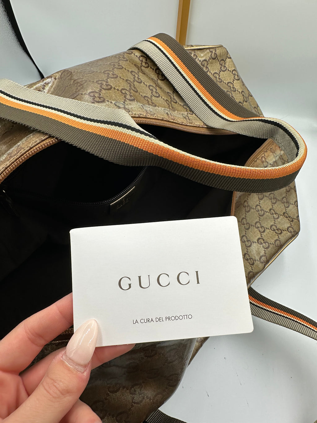 Rare 2000s Gucci bronze PVC metallic GG monogram pattern duffel bag