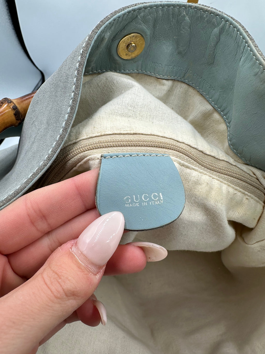 Rare Gucci Bamboo baby blue suede top handle shoulder bag