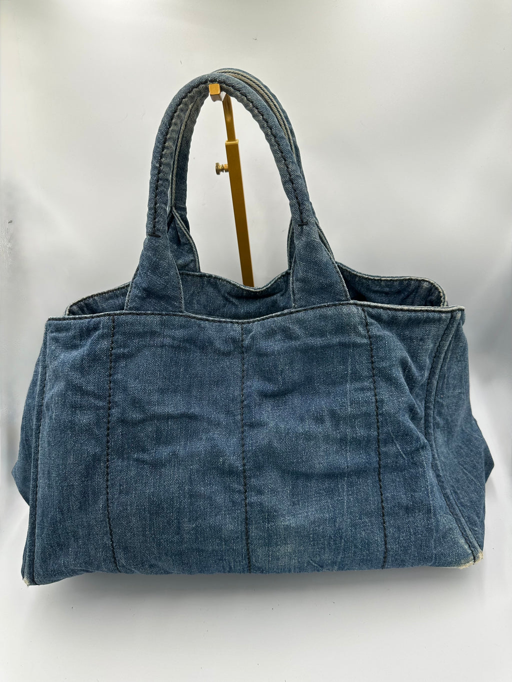 Prada Kanapa Denim tote bag with black Prada writing