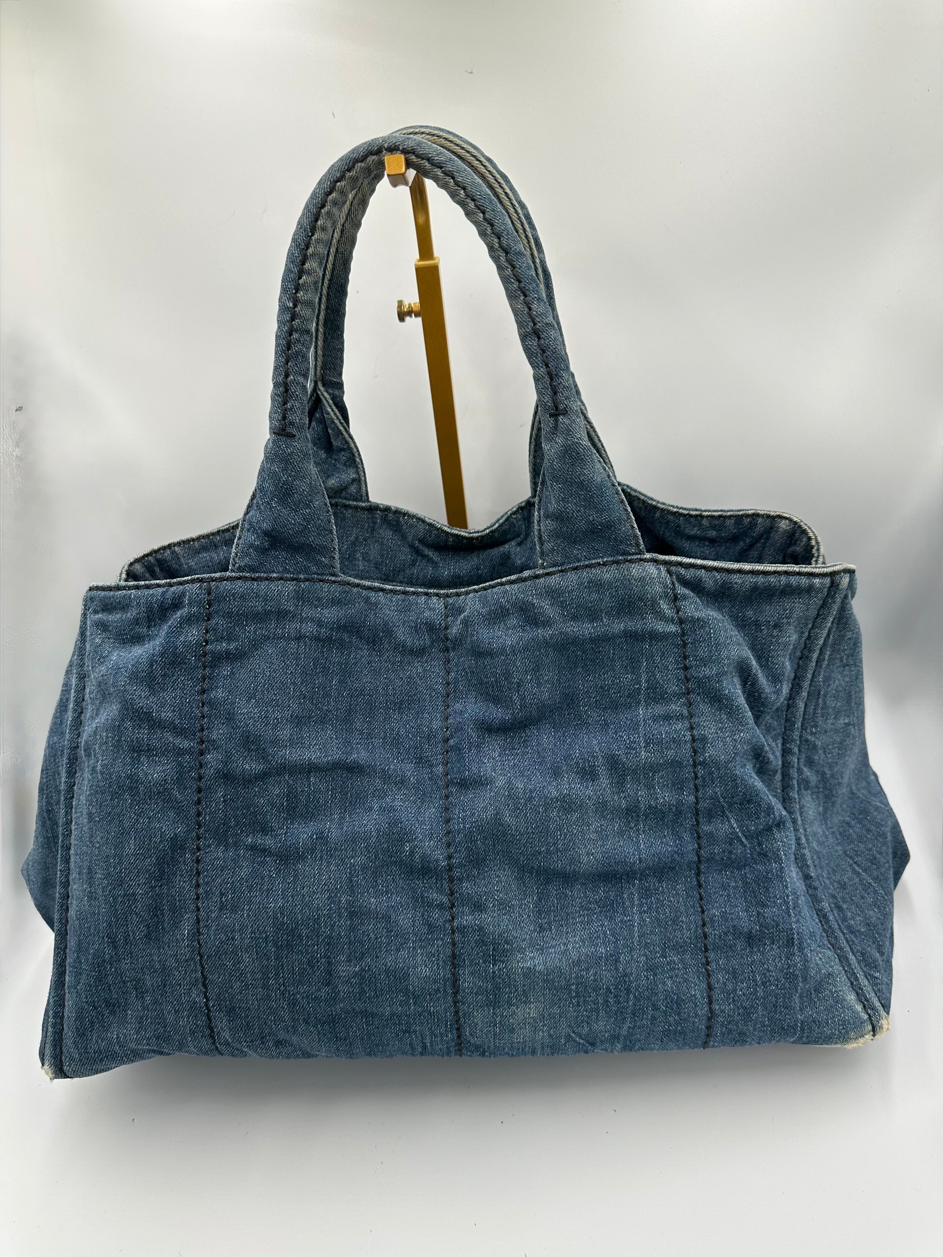 Prada Kanapa Denim tote bag with black Prada writing