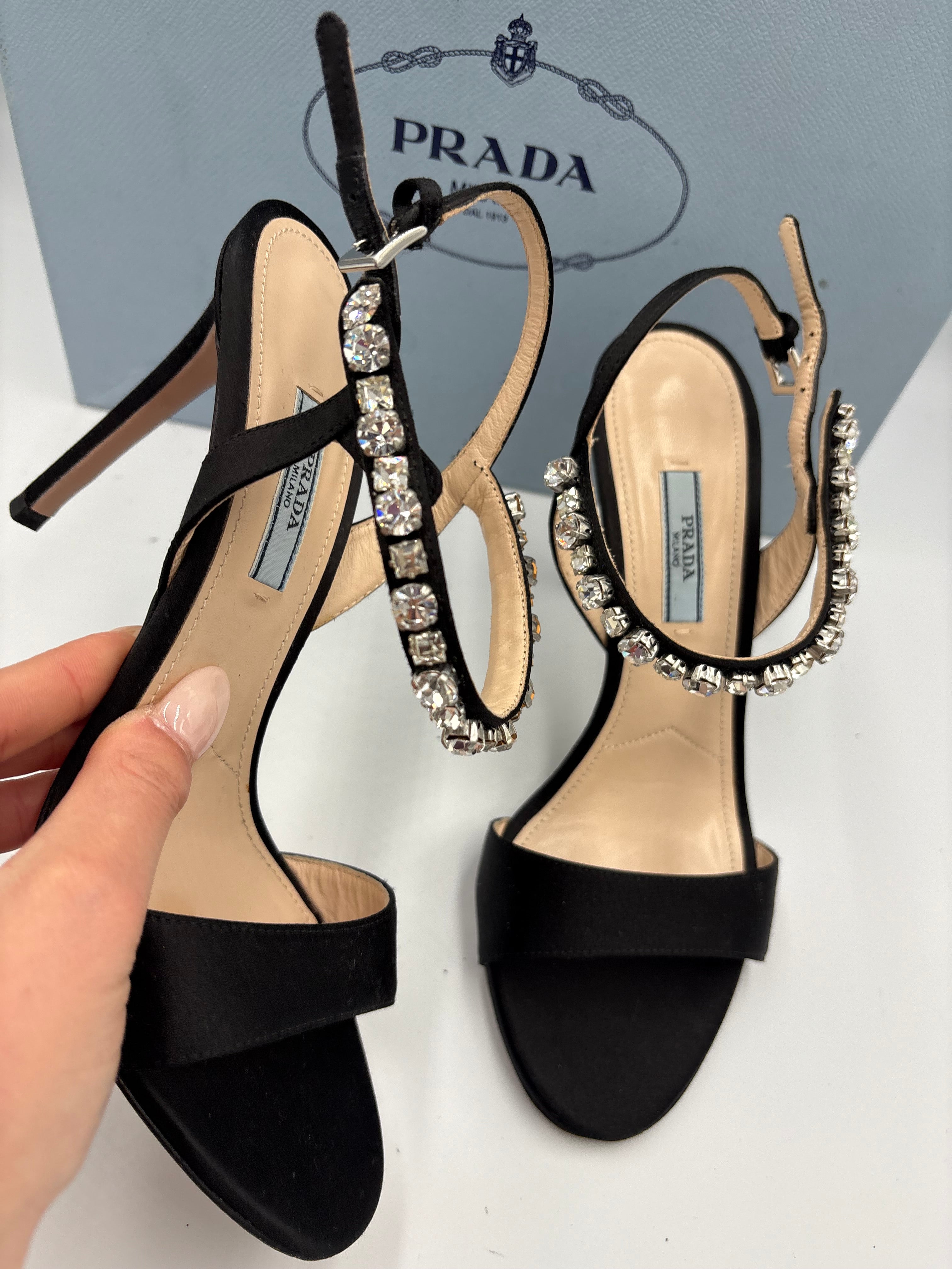 Prada black satin crystal embellished strappy high heel sandals UK 4.5
