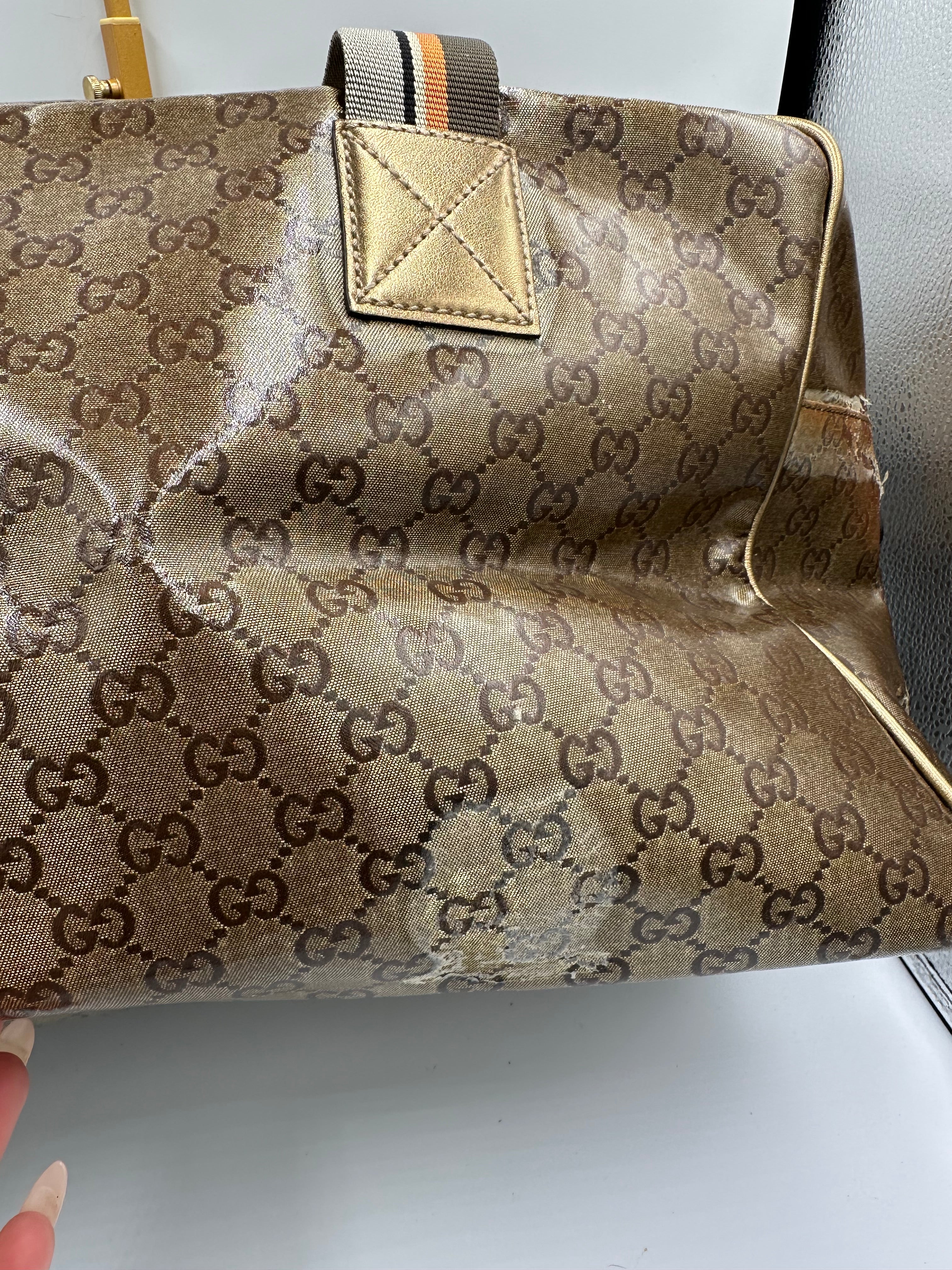 Rare 2000s Gucci bronze PVC metallic GG monogram pattern duffel bag