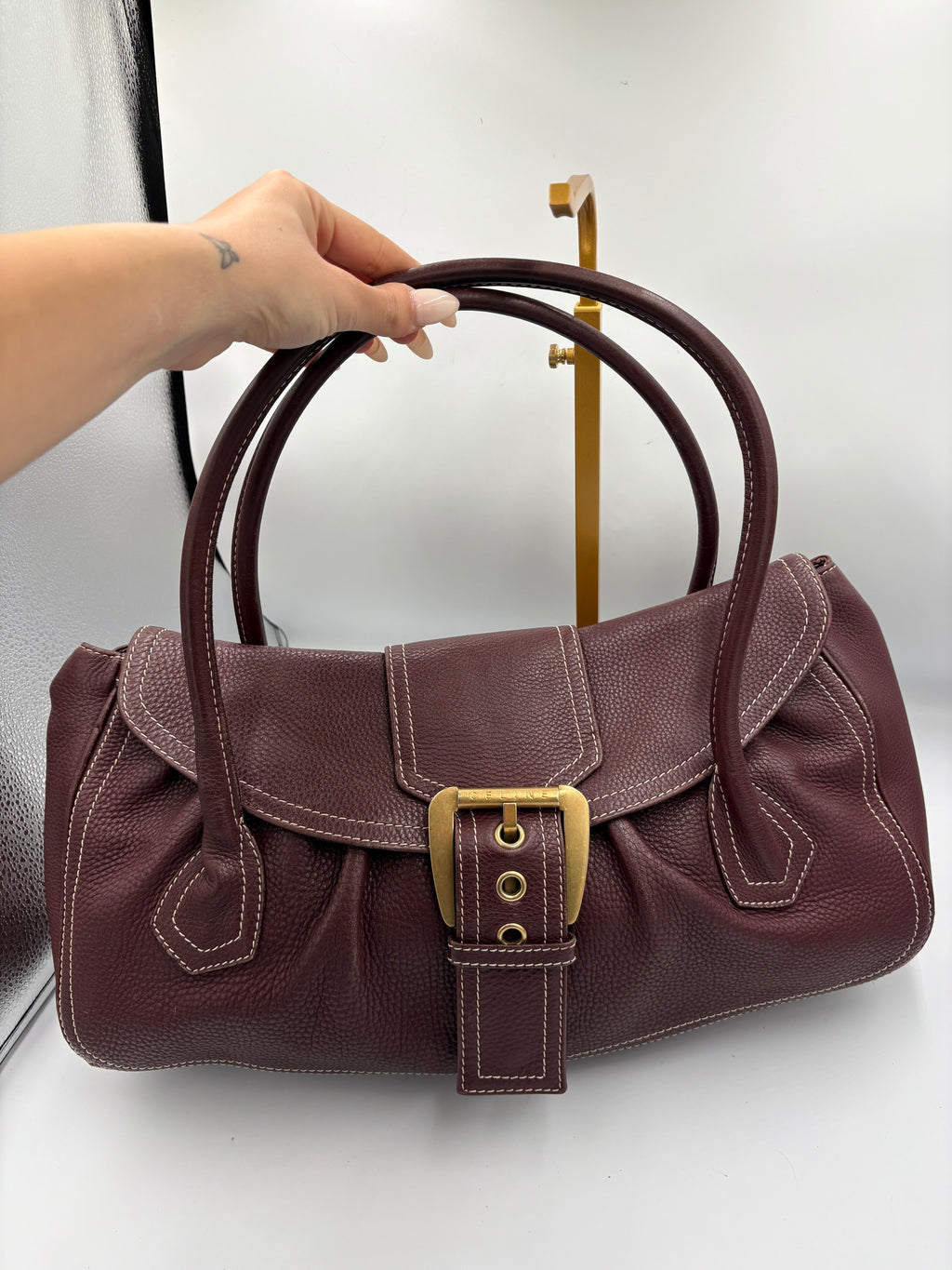 Celine Burgundy buckle leather shoulder tote bag