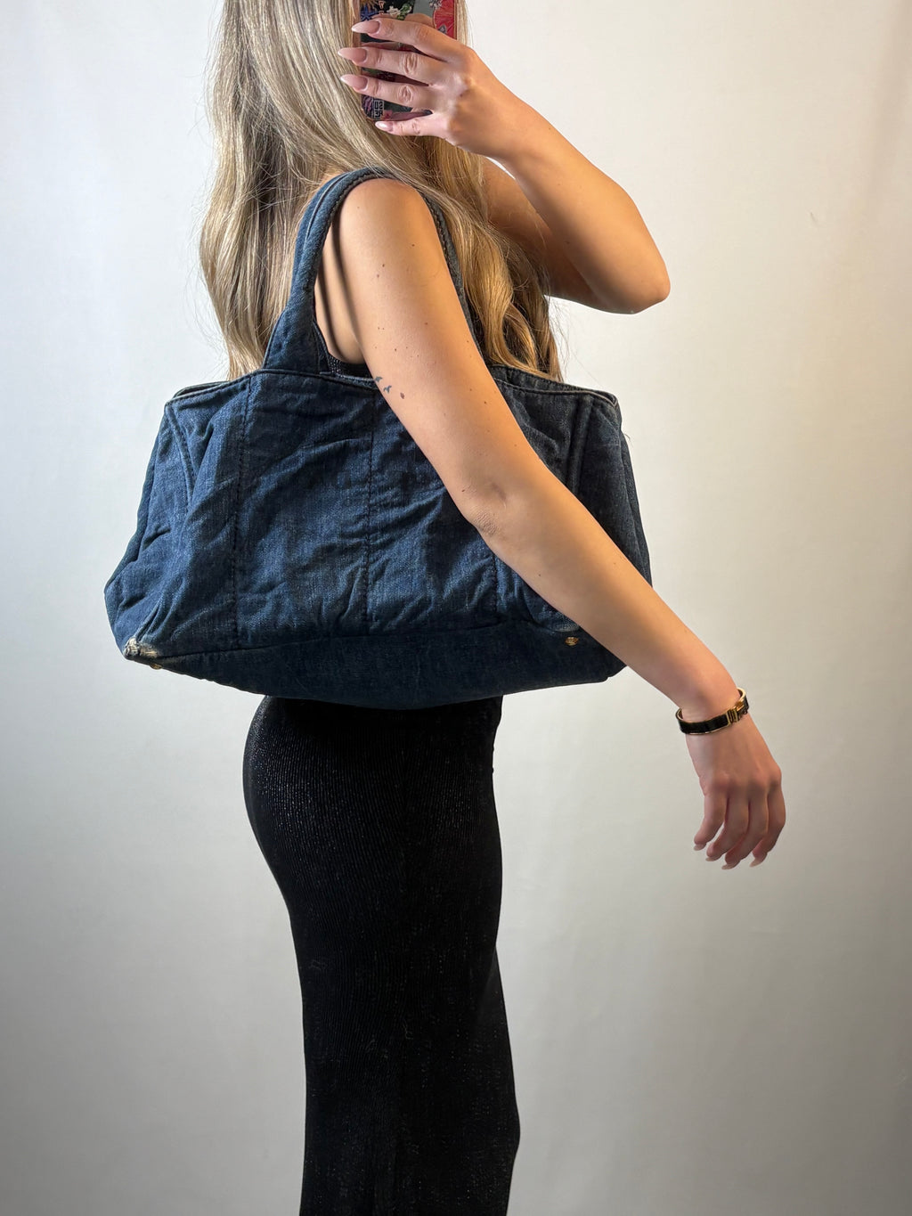 Prada Kanapa Denim tote bag with black Prada writing