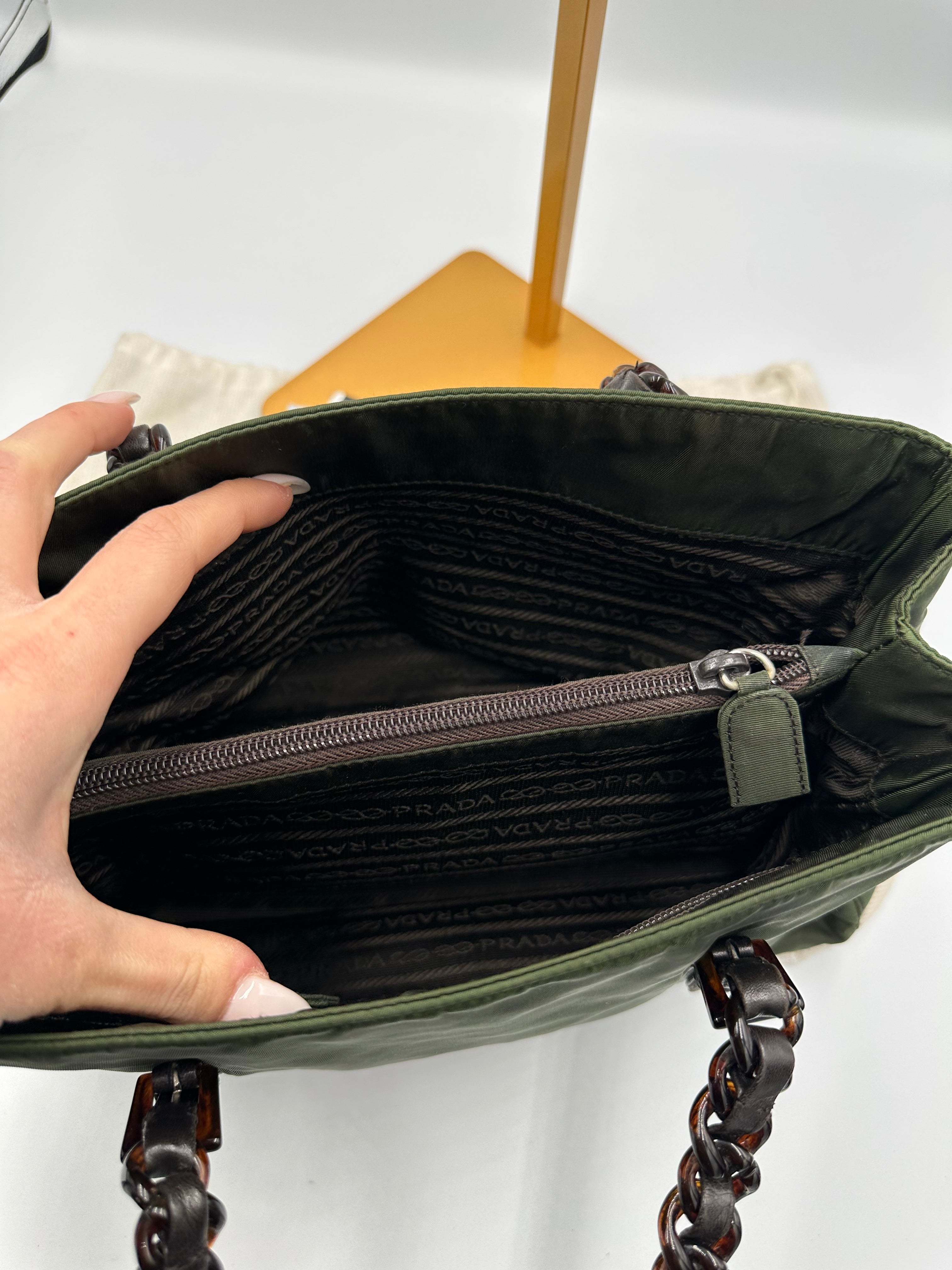 Prada Nylon black chain forest green shoulder bag