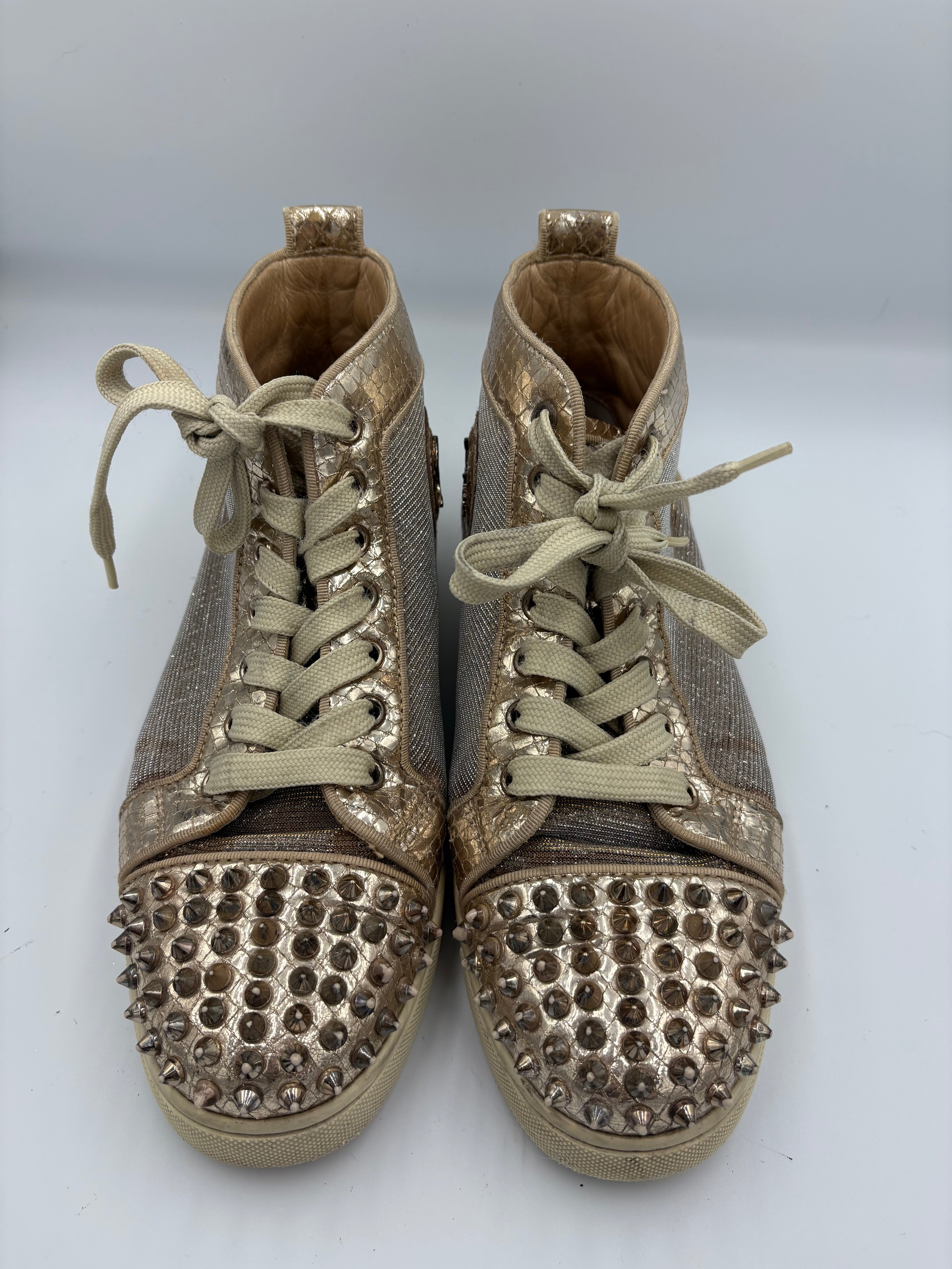 Christian Louboutin Lou Spikes Spike Studded Glitter Sneakers in Rose Gold UK 5