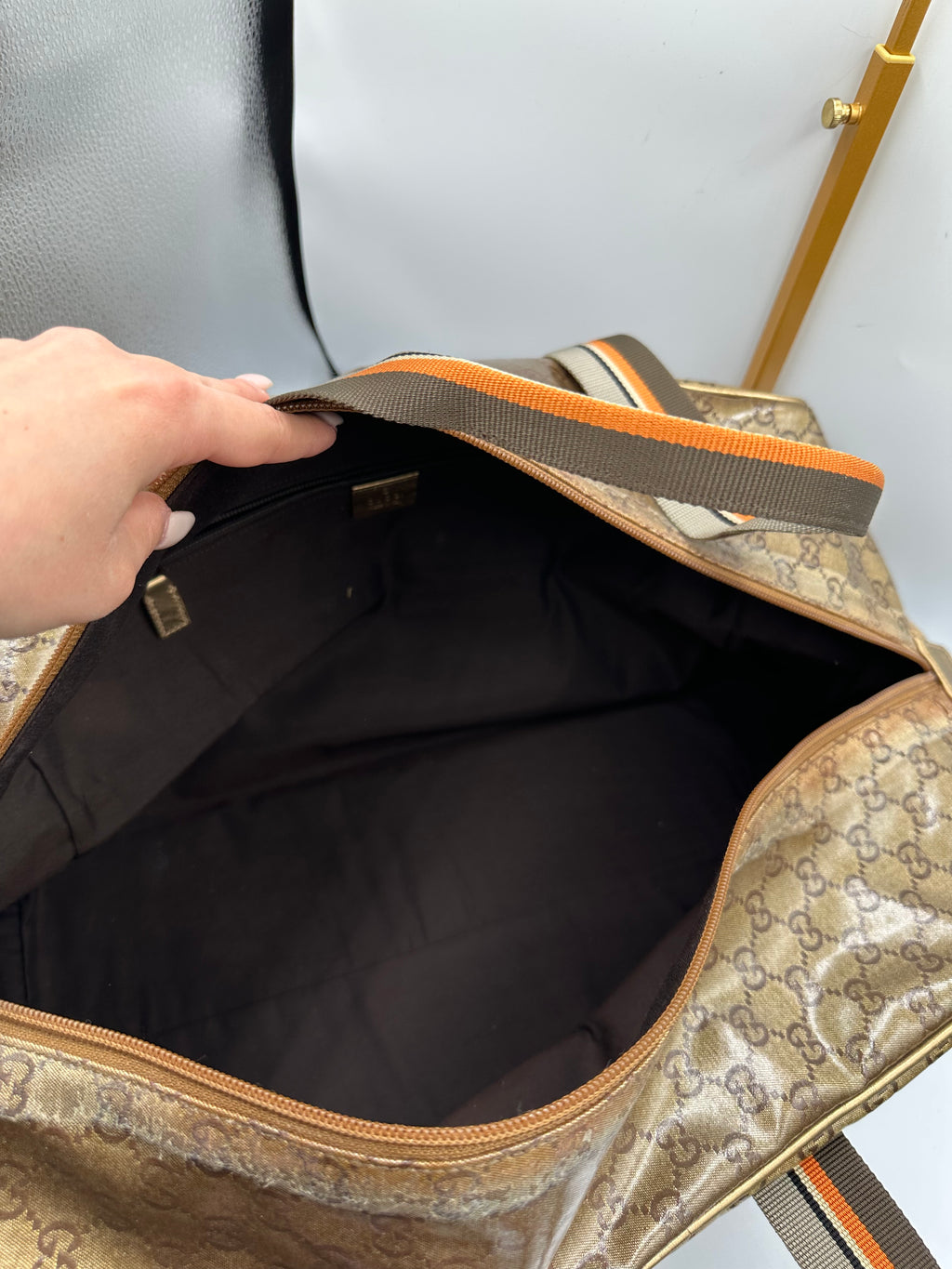 Rare 2000s Gucci bronze PVC metallic GG monogram pattern duffel bag