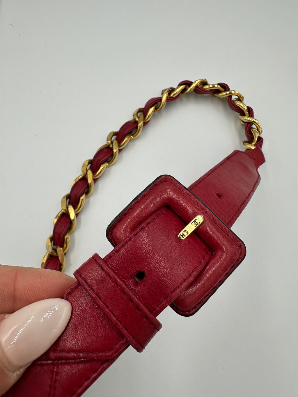Rare 1990s Chanel red leather “ 31 Rue Cambon Paris chain belt